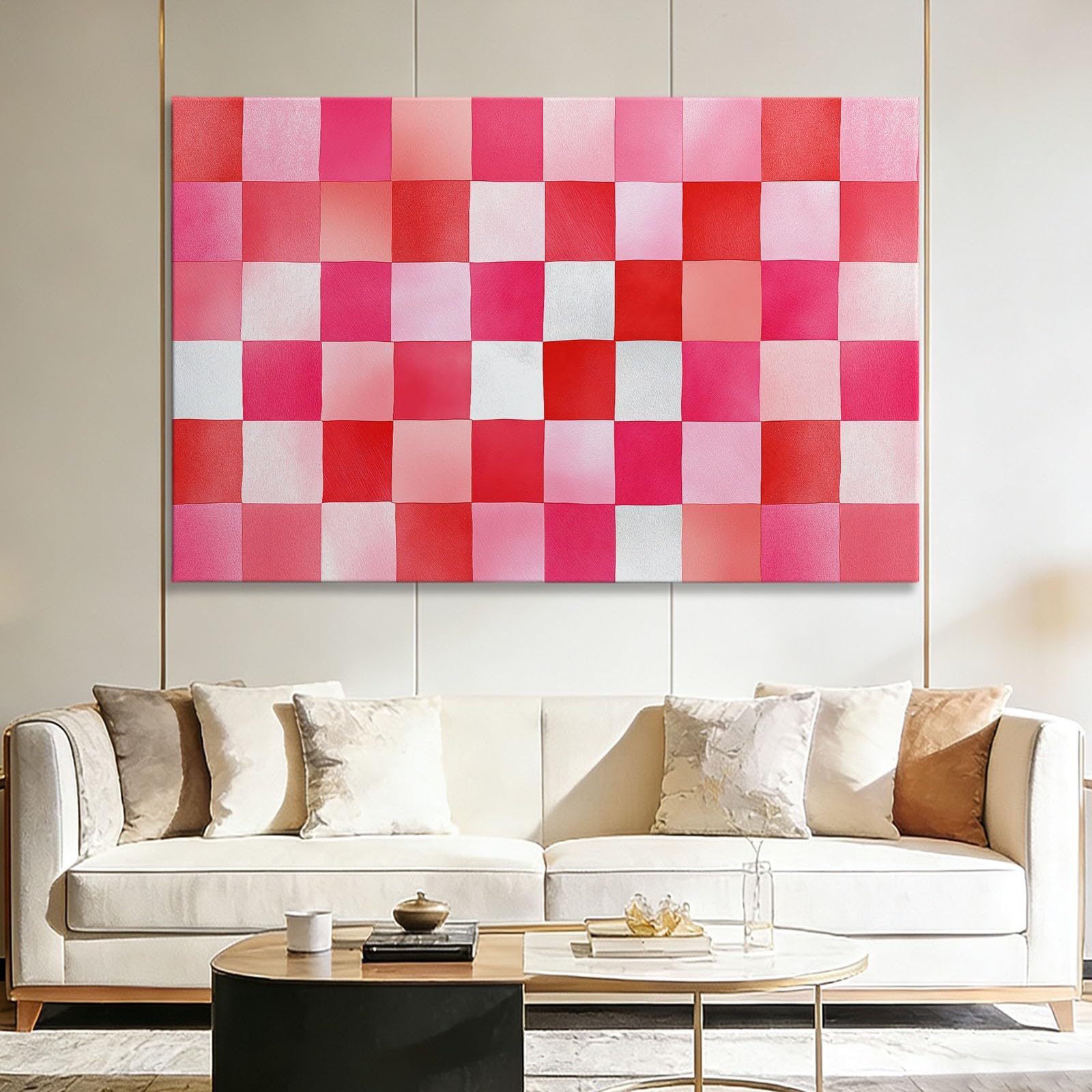 Aquarell Minimalistisch Geometrisch Karo Gerahmt Leinwand Bilder, Rosa Wandbilder Kunstdruck Wandbild Keilrahmenbild Wanddekoration für Wohnzimmer Schlafzimmer Mit Rahmen 120 x 80 cm