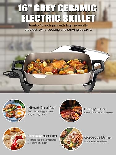 Miniatura 2 de Sartenes eléctricos antiadherentes de cerámica de 16 pulgadas, cubierta de vidrio templado con mango Stay Cool, limpieza de ensayo