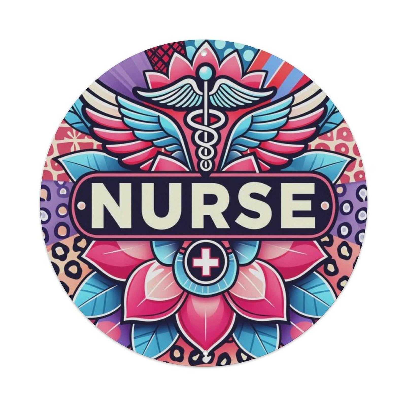Colorful Floral Nurse Medical Caduceus Round Wall Sign Vintage Aluminium Metal Sign, Retro Wall Decor for Home, Bar, Garage & Farmhouse 20x20cm