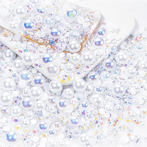 Miniatura 1 de Diamantes de imitación de perlas blancas de 5.64 oz con parte trasera plana para manualidades, tamaño mixto de 0.116 pulgadas a 0.394 pulgadas,