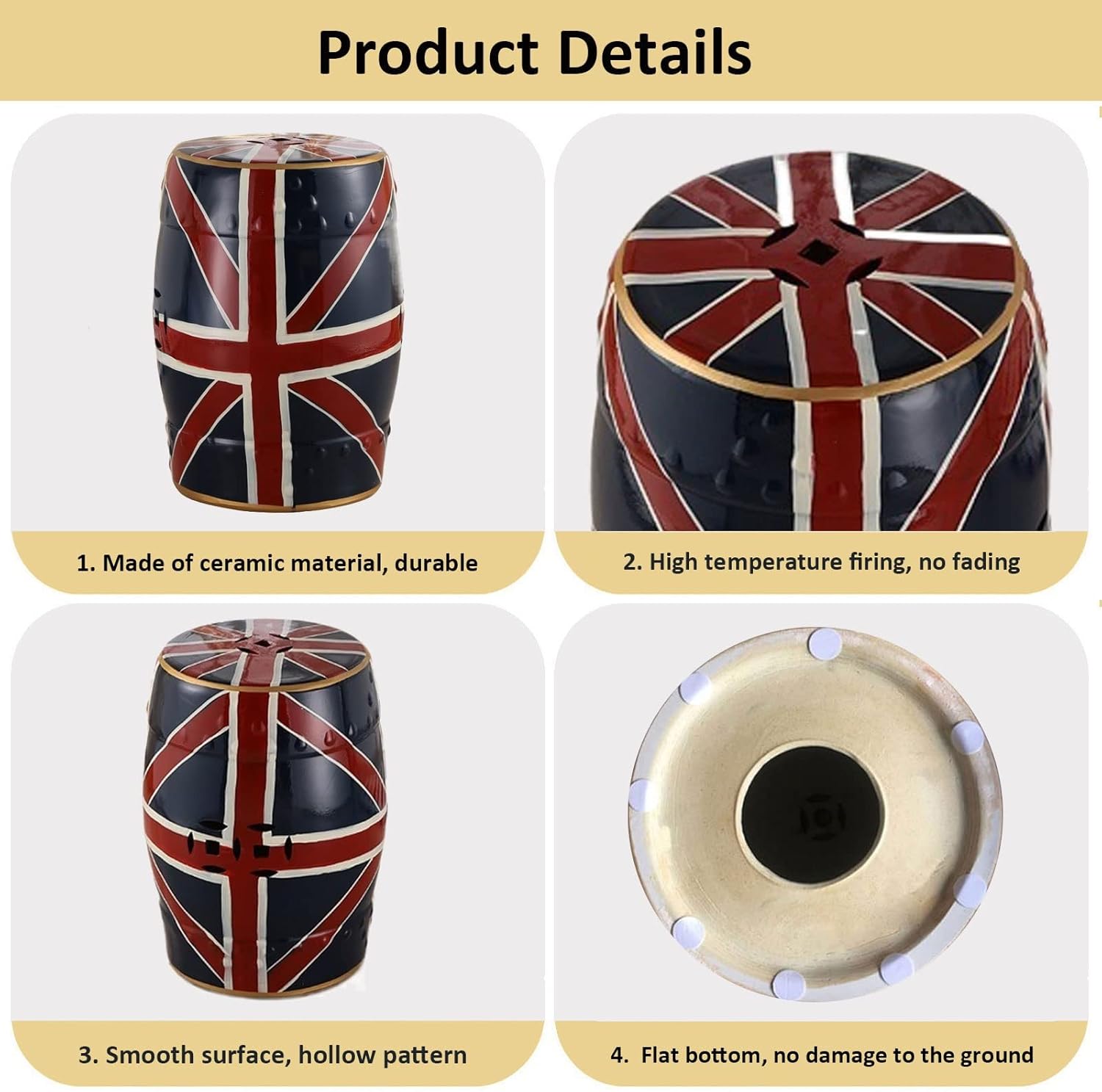 Drum Stool,Garden Stool, Decorative Ceramic Garden Stool, Glazed Hollow Beige Flag Shoe Changing Stool Drum Stool, Suitable for Outdoor Garden, Living Room, Terrace, Etc.(D)
