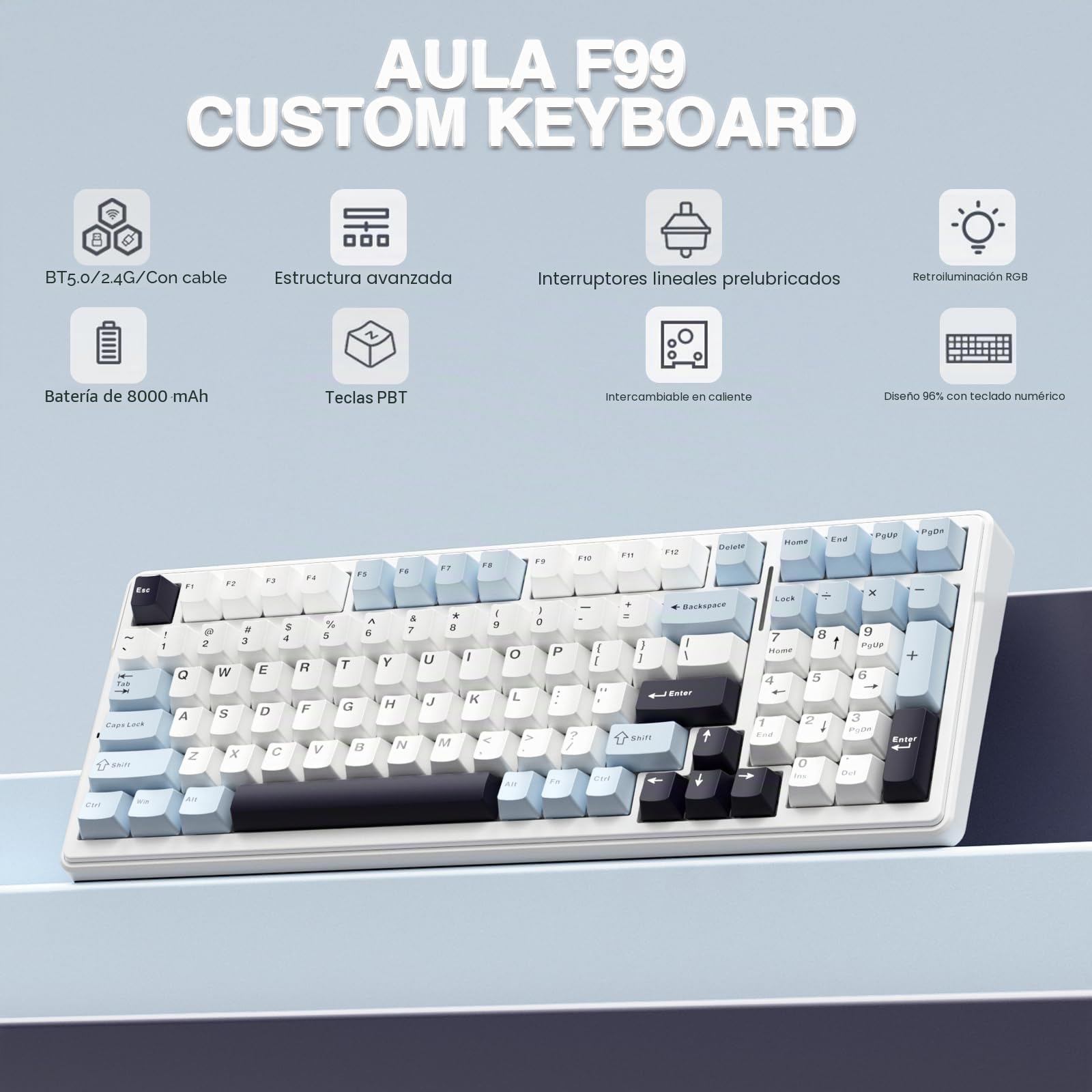 AULA F99 Teclado mecánico inalámbrico, teclado personalizable intercambiable en caliente, interruptores lineales pre-lubricados, estructura con junta, teclado para juegos retroiluminado RGB (azul y