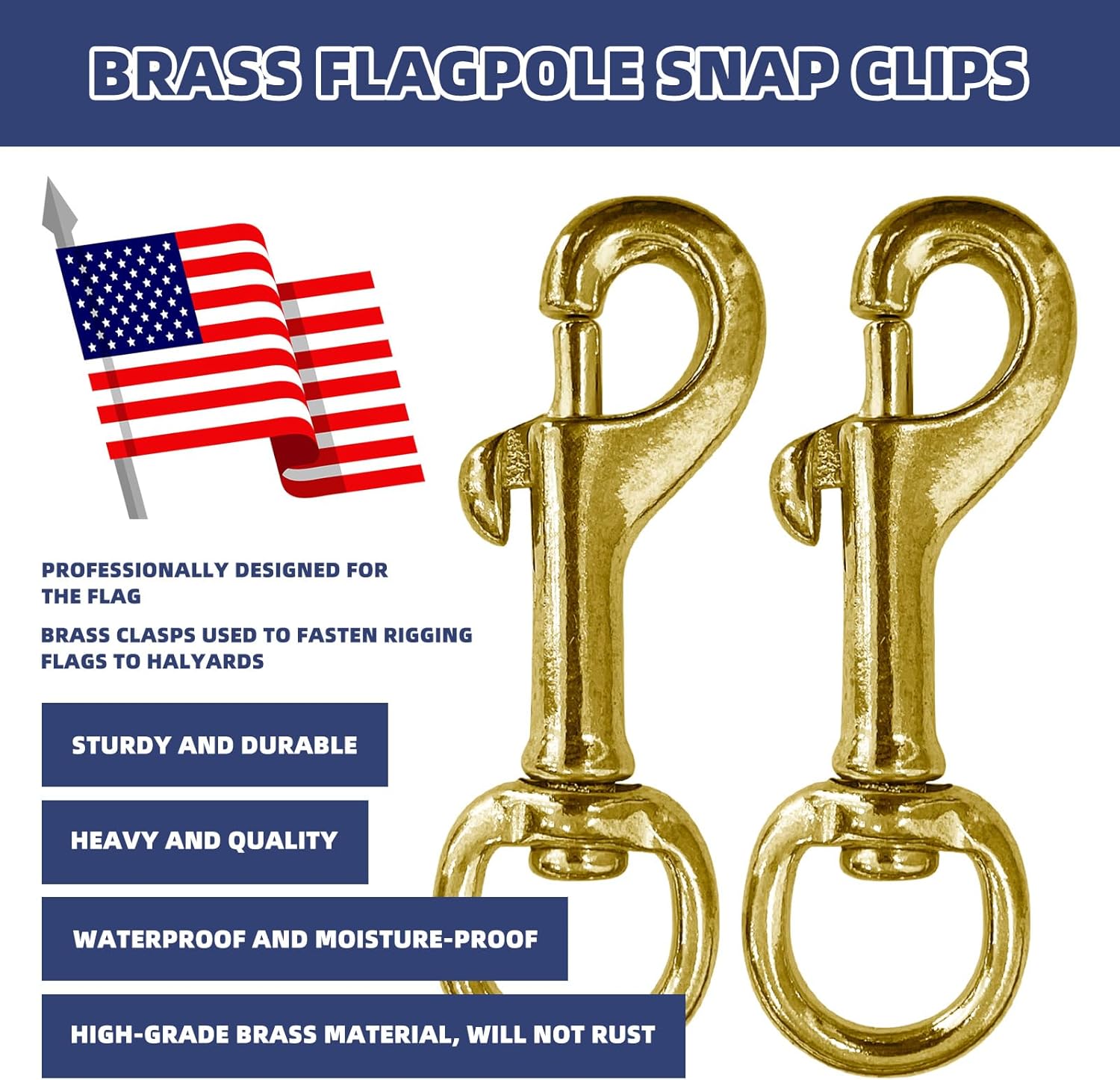 8Pcs Flag Clips Swivel Snap Hooks, 2.4" Heavy Duty Brass Flag Pole Hooks for Flagpole Rope, Snap Clip with Swivel Eyelet for Flag, Pet Leash, Key Chain or Clothlines Tarp - Image 5