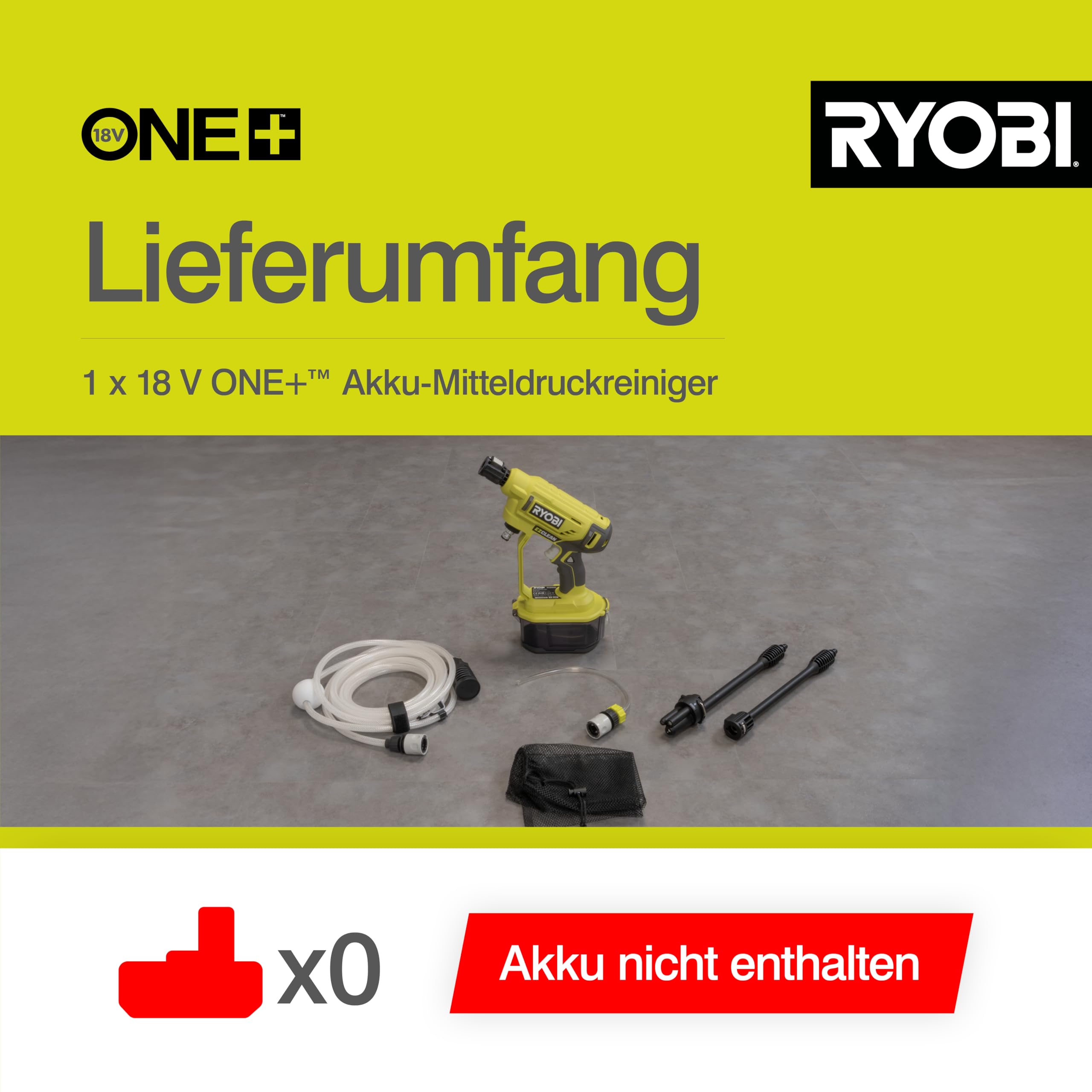 RYOBI 18 V ONE+ Akku-Mitteldruckreiniger RY18PW22A-0, 3in1 Düse