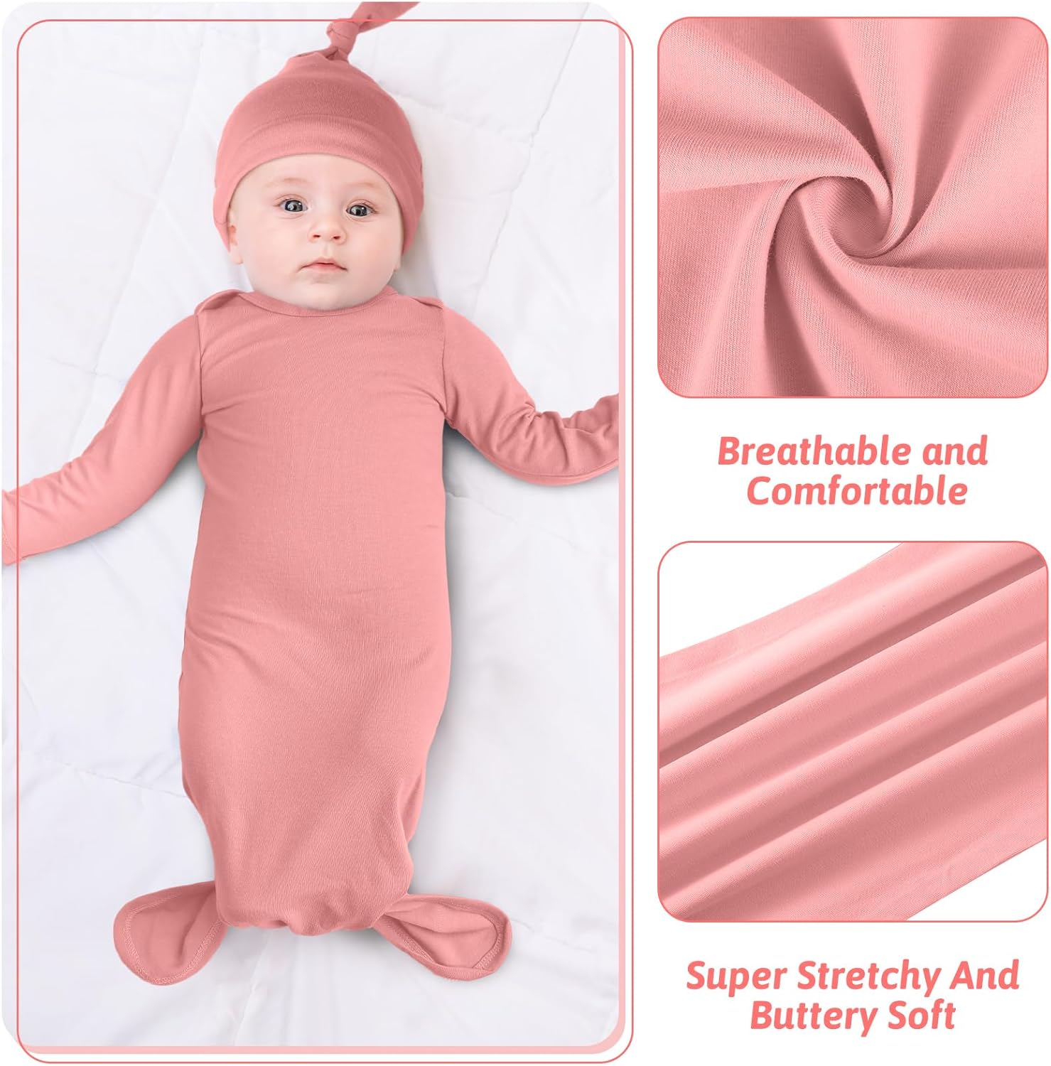 Cuffbow 6 Packs Newborn Baby Knotted Gowns Set 0-6 Months Cotton Sleeper Long Sleeve Nightgown and Hat Set for Infant Baby - Image 3