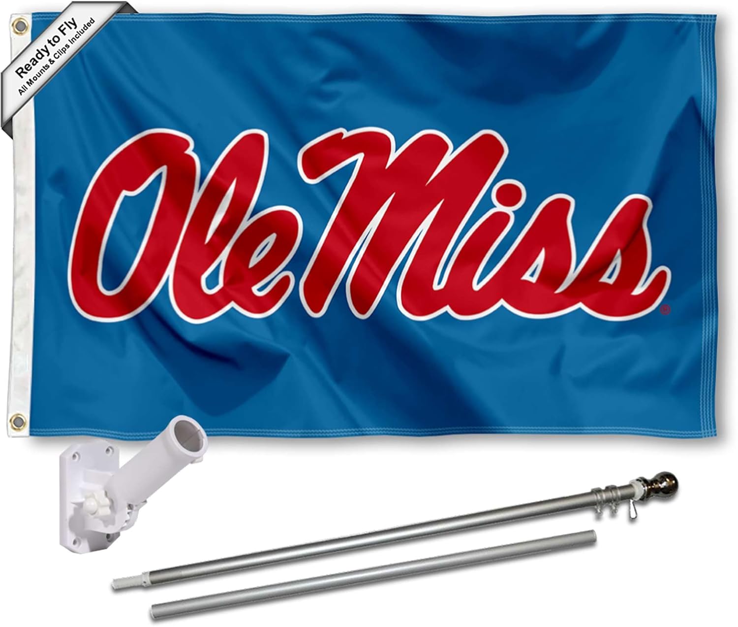 Ole Miss Powder Blue Flag with Pole and Bracket Complete Set