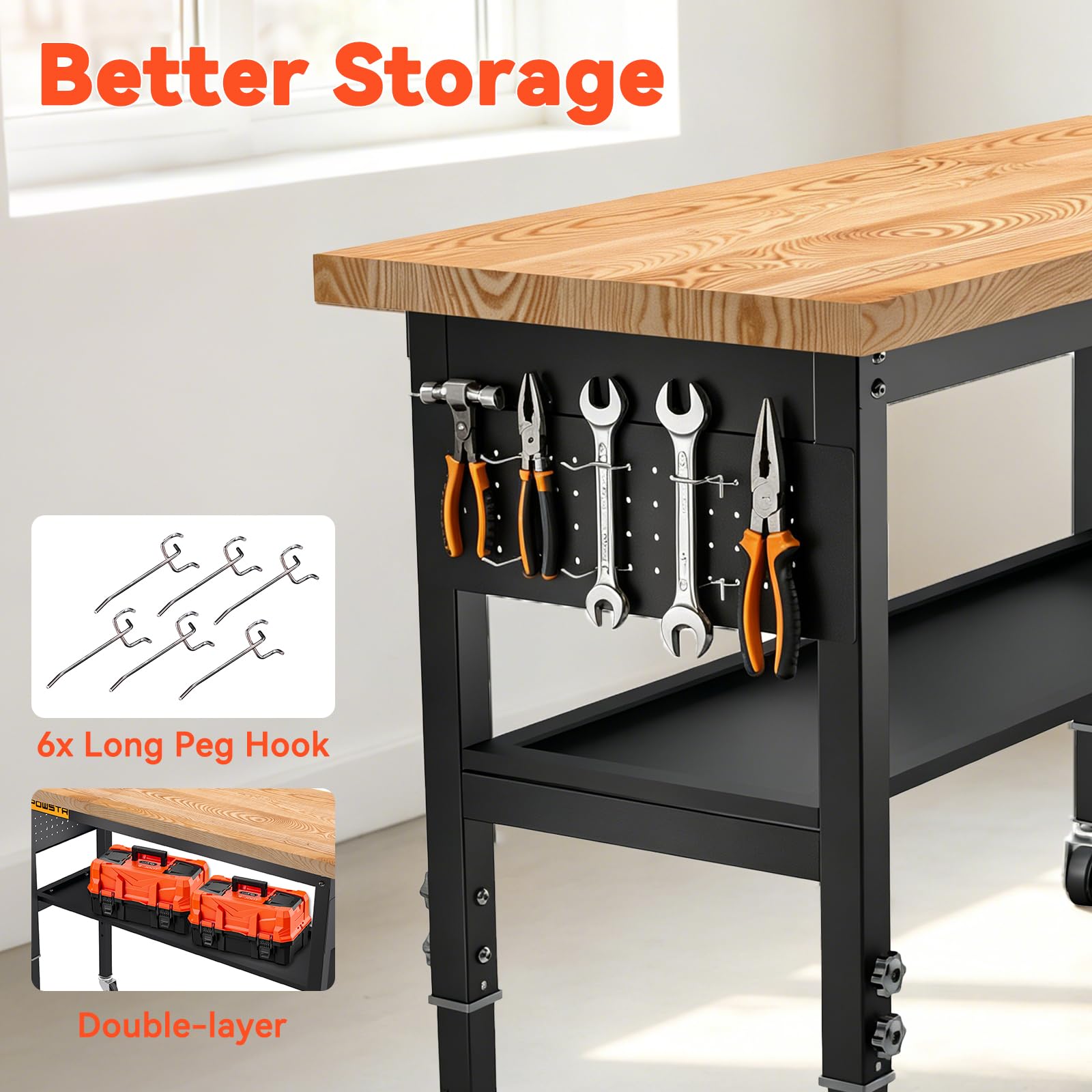 120cm Höhenverstellbare mobile Werkbank aus Gummibaumholz, 900 kg Tragfähigkeit, zweistufig mit schwenkbaren Rollen, Lochwand und 6 Haken, als Arbeitstisch für Garage, Werkstatt, Büro, Haus & Gewerbe