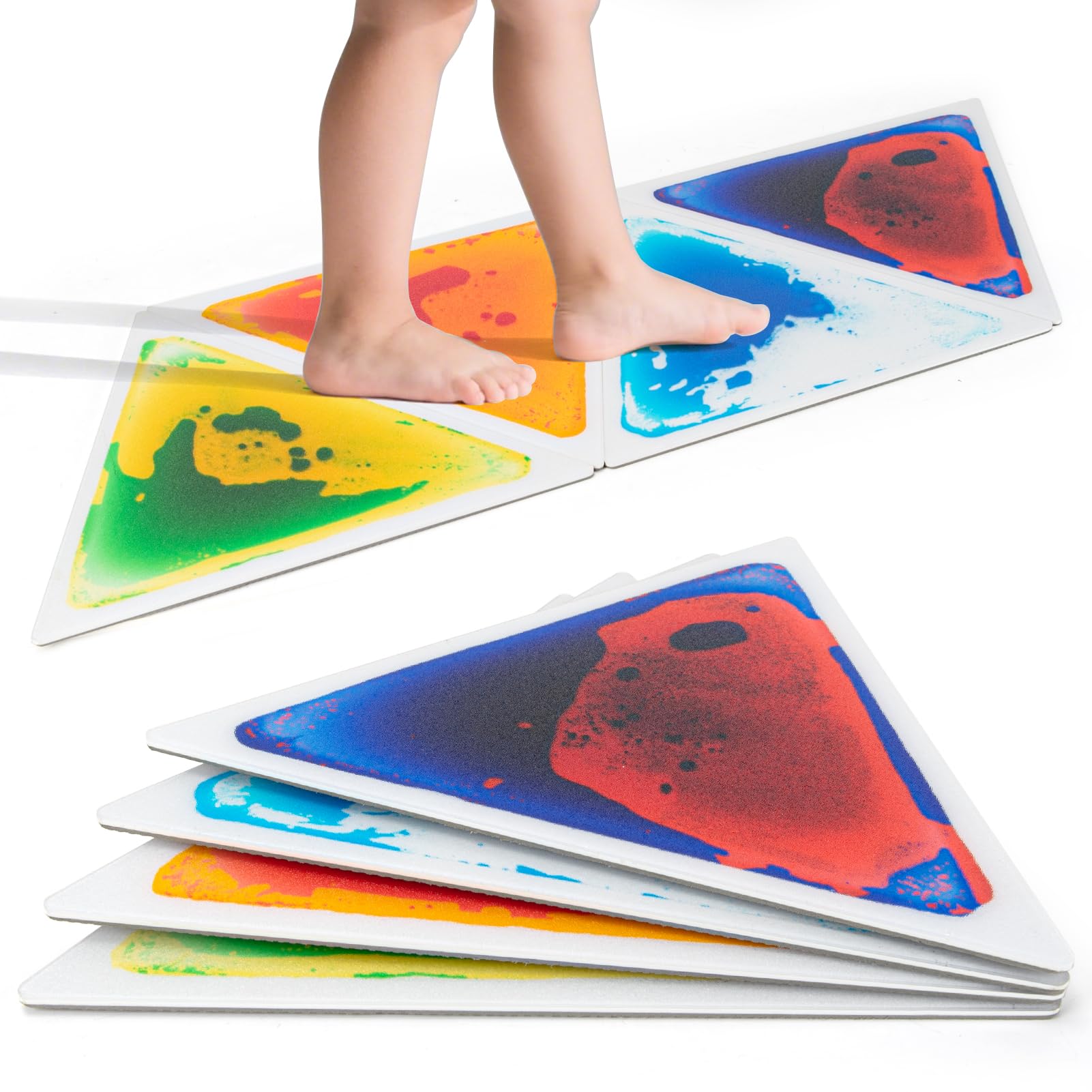 LONGKING 4-Sheet Liquid Triangle Sensory Tiles, Colorful Floor Tile for Play Centers, Playroom, Lava Tiles, 12.7" x 14.7"