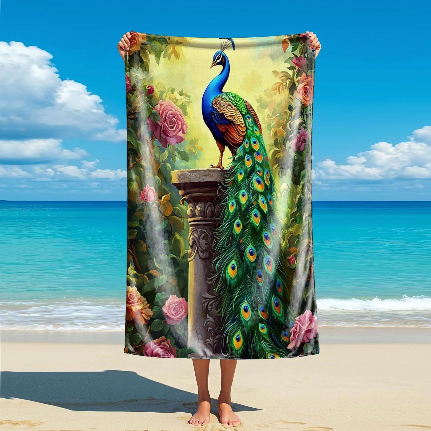 Hkgzkvgk Women's Style2 Gorgeous Feather Print Beach Towel - Peacock Theme Oversized Beach Towel, Soft And Absorbent, Beach Vacation Essential (,140Cm X 70Cm)
