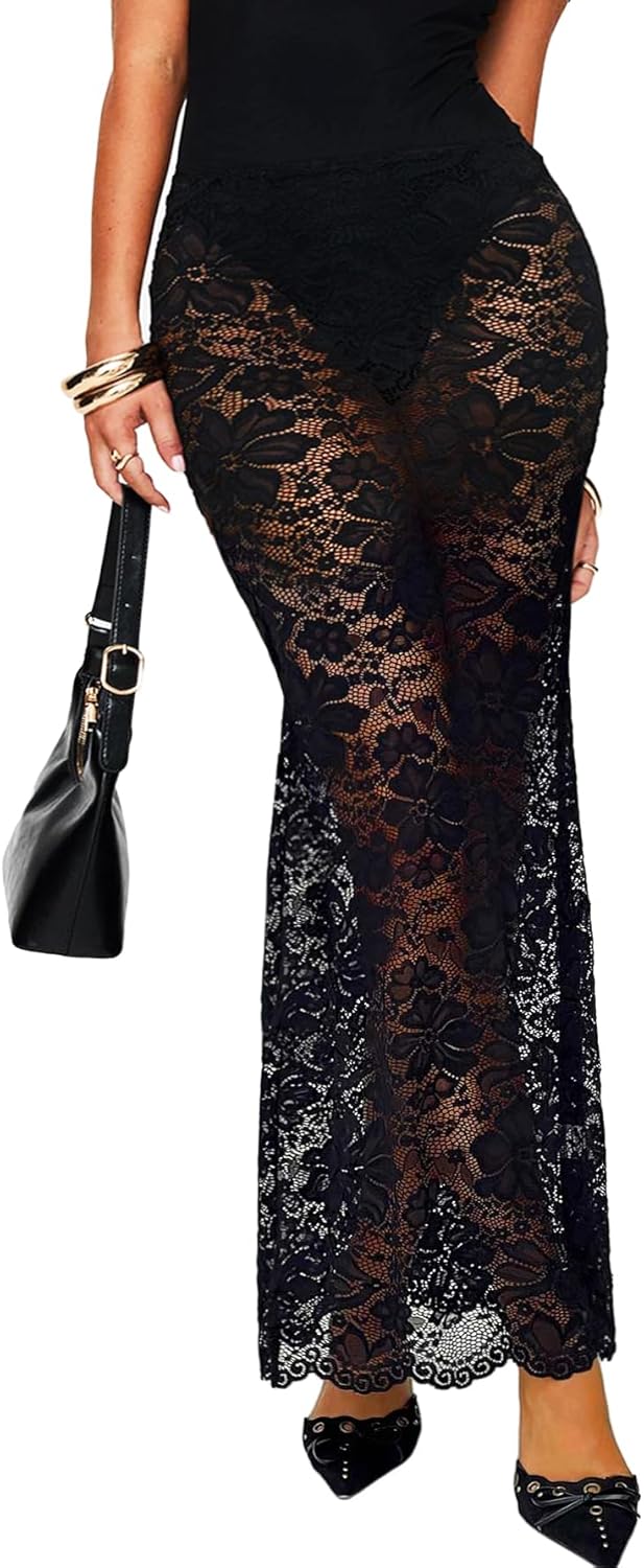 OZICERD Women Sheer Maxi Skirt Mesh Lace See Through Long Skirts Bodycon Pencil Skirt Coquette Rave Concert Outfit Cover Up
