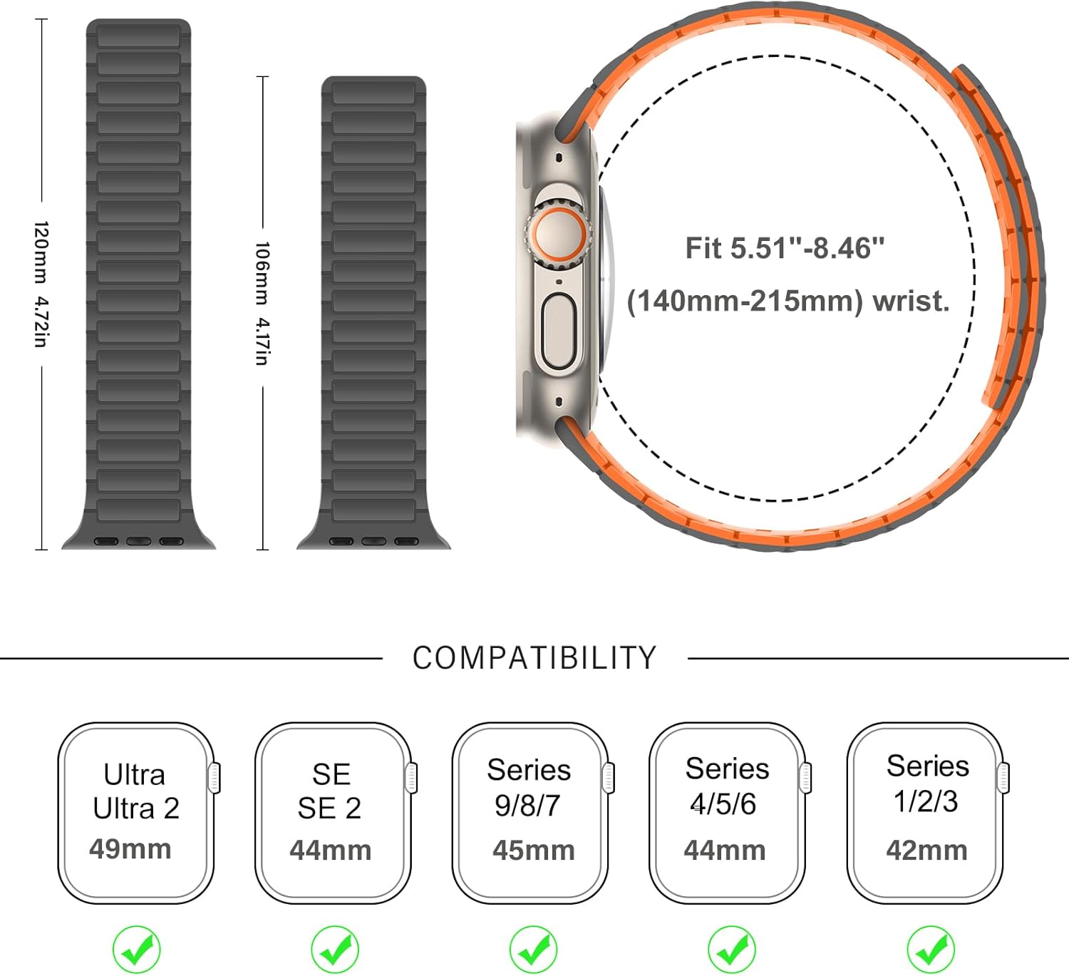 Magnetic Band Compatible with Apple Watch Band 49mm 46mm 45mm 44mm 42mm, Soft Silicone Replacement Wristband Designed for iWatch Ultra 2 Ultra SE Series 10 9 8 7 6 5 4 3 2 1, Grey Orange - Image 6