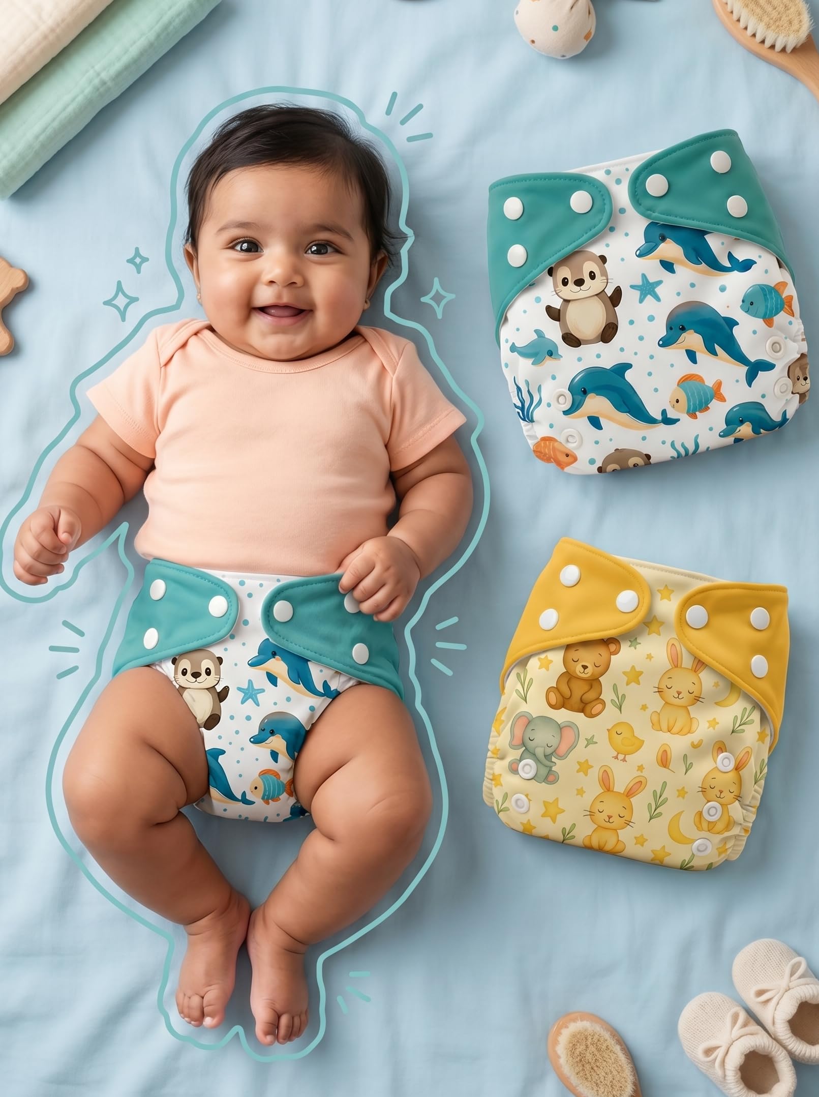 Blushbaby Premium Reusable Cloth Diaper for Babies (3 Months - 3 Years) | 2 Washable Diaper with 2 Insert Pad | Adjustable, Leak-Proof, rash free & Absorbent | Freesize Diaper (5-18kg)