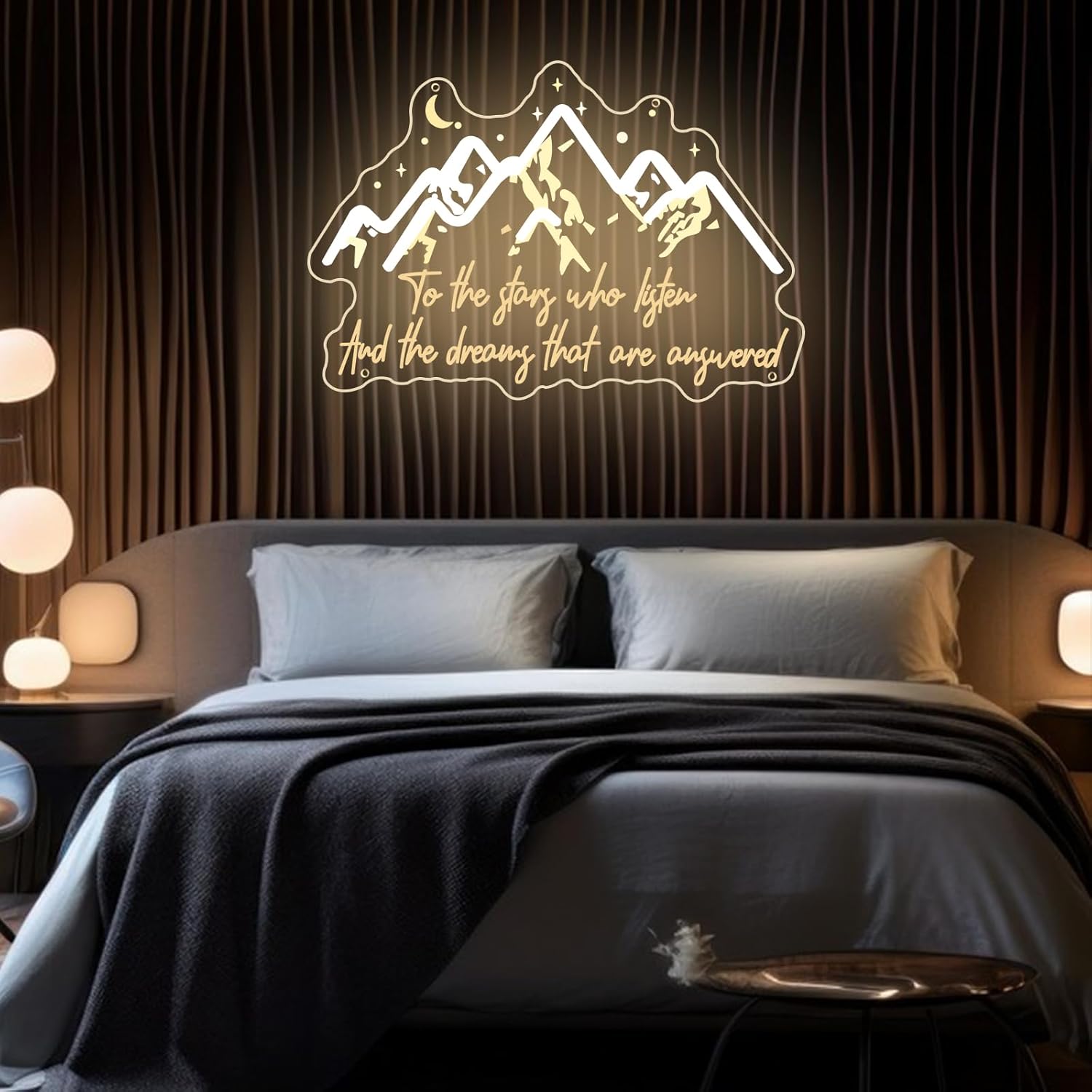 To The Stars Who Listen Neon Sign Mountain and Stars Neon Lights Dimmable SJM Quotes Decoration ACOTAR LED Signs for Fantasy Shelf Decor Book Lover Gift