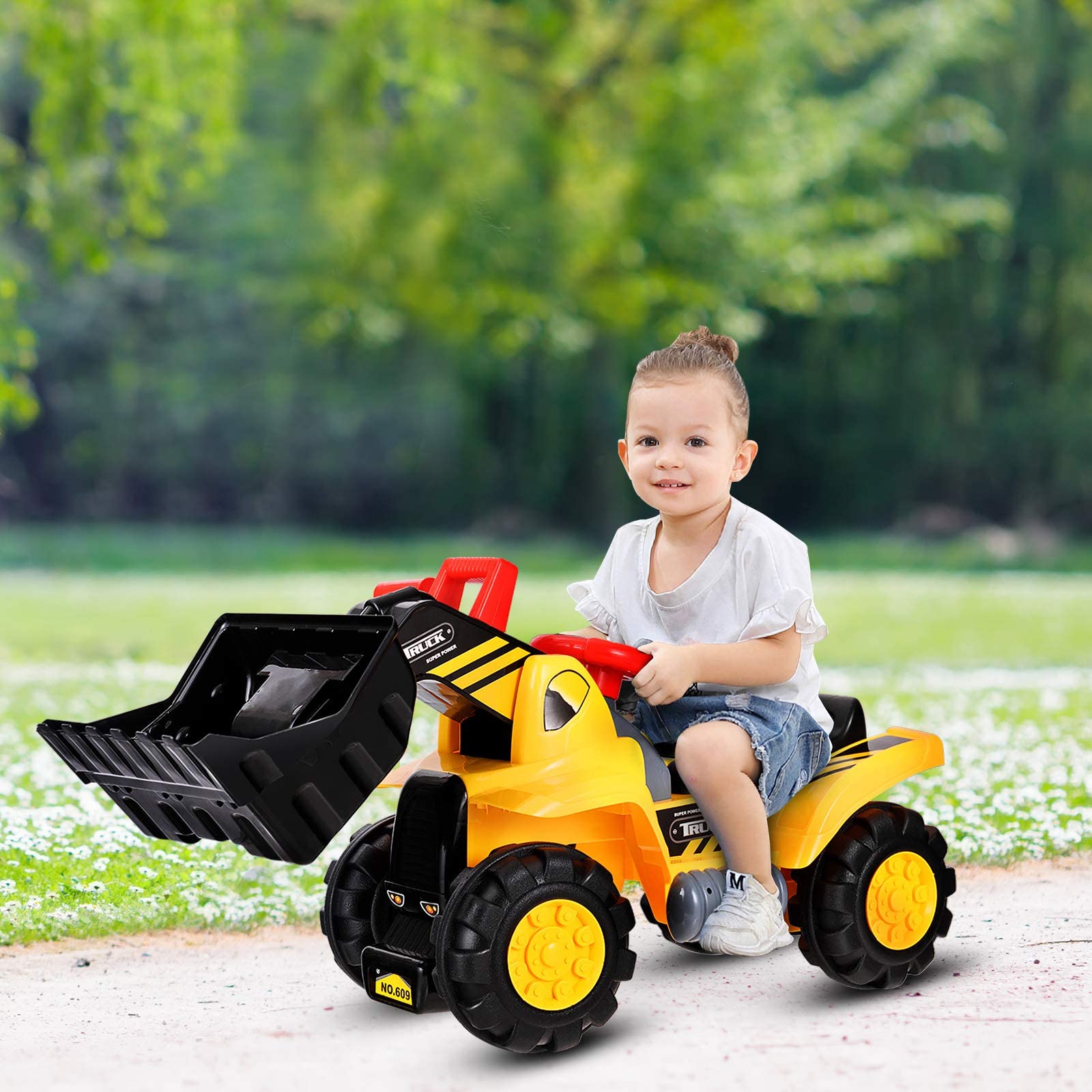 GYMAX Ruspa Cavalcabile Giocattolo per Bambini più di 3 Anni, Escavatore con Spazio di Archiviazione sotto La Sedia, Giallo, 85x45x30 cm