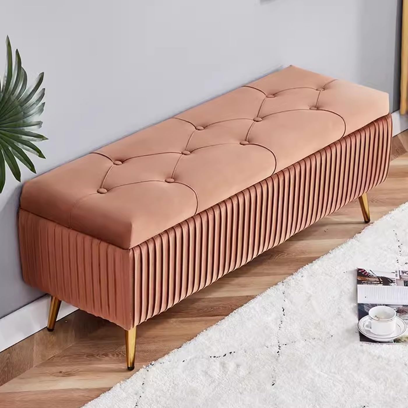 Banc à chaussures capitonné en tissu marron clair avec rangement intégré