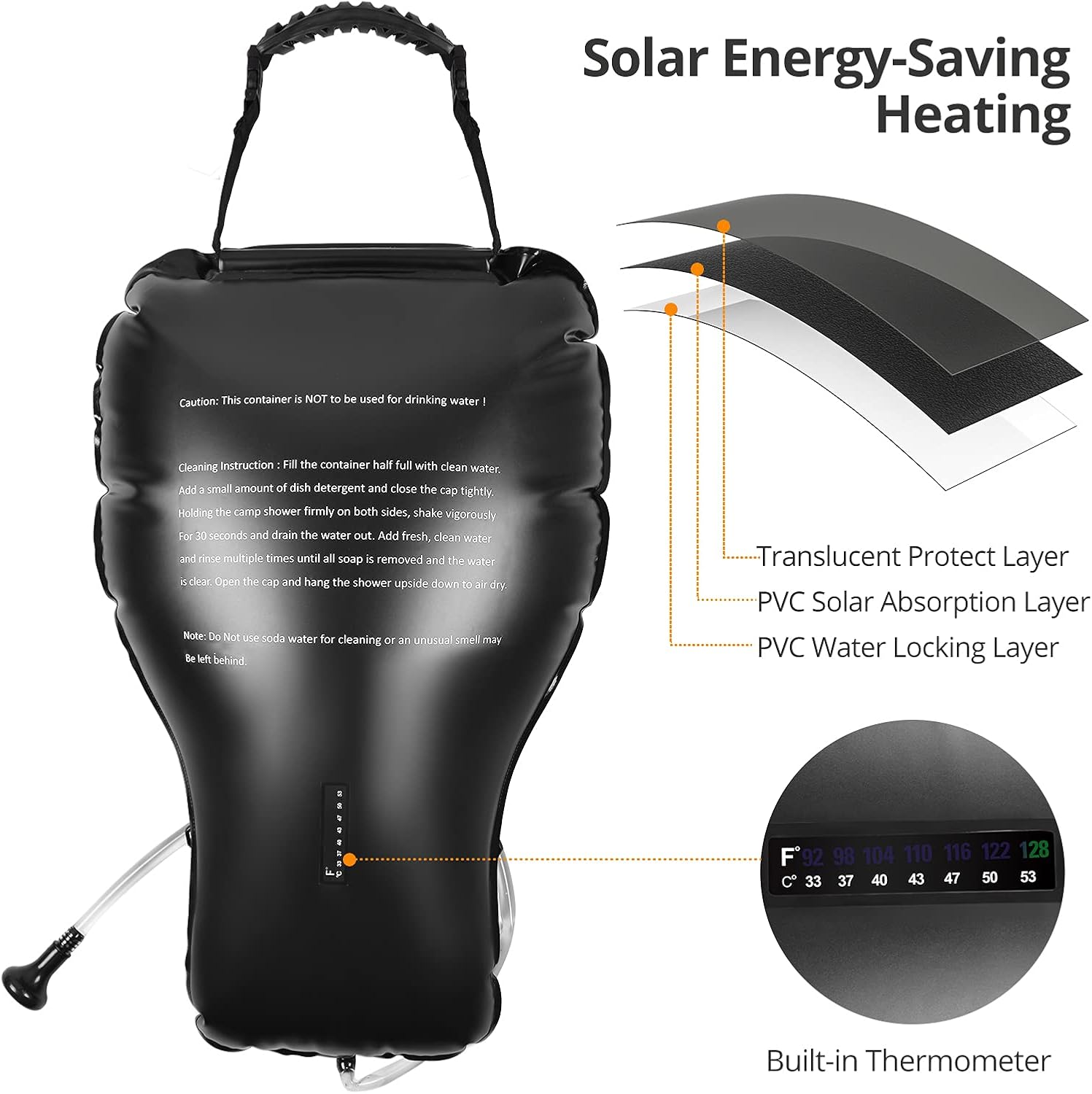 Extremus Rainbow Falls Camping Shower, 6.6 Gallons/25L Camp Shower Bag, Solar Heating Black PVC Bladder, Built in Thermometer, Mesh Pocket, ABS Nozzle System, Portable Solar Shower for Camping : Sports & Outdoors
