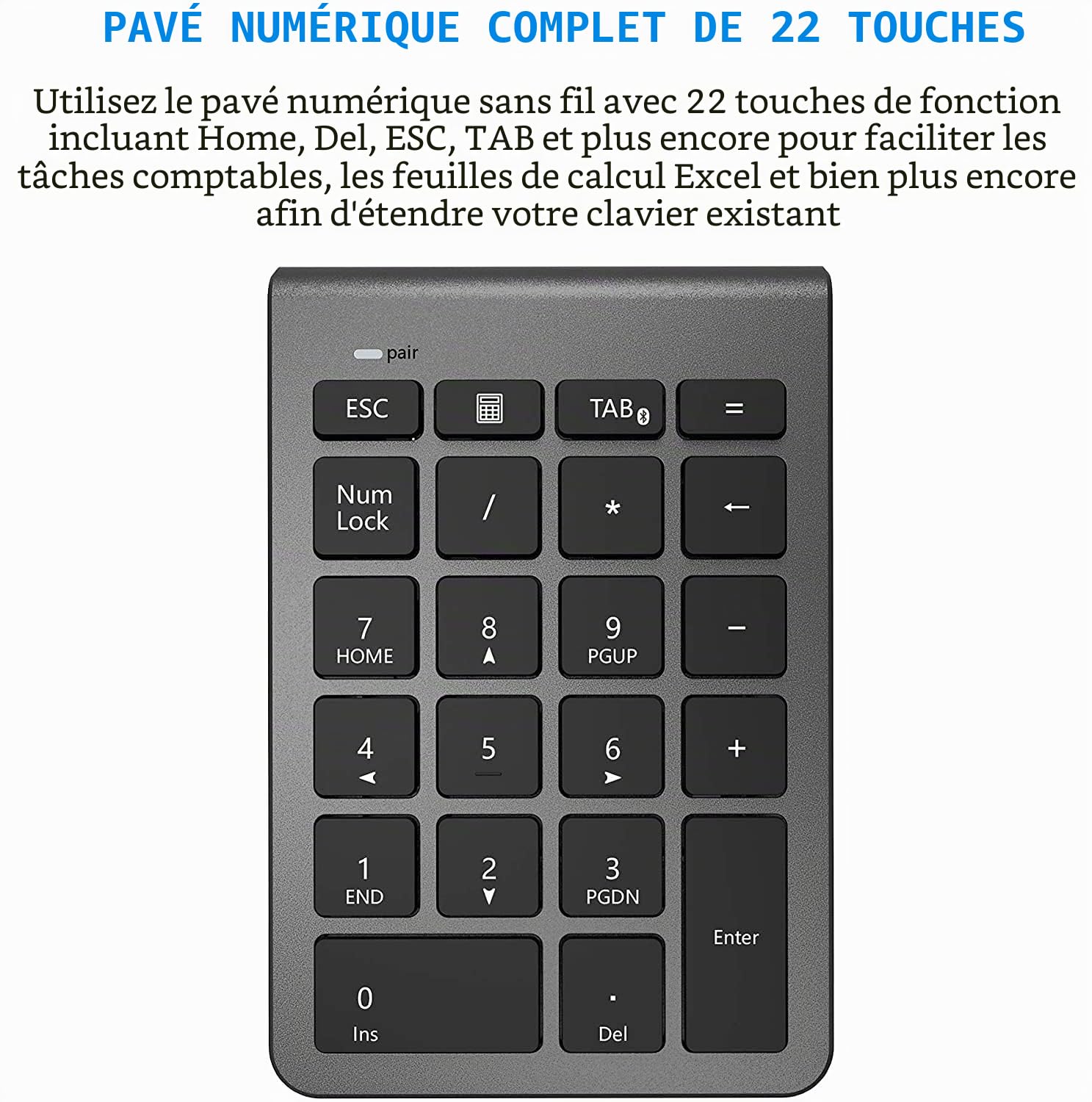 【Version Améliorée】 Pavé Numérique Bluetooth, Clavier Numérique Externe sans Fil Portable à 22 Touches pour Ordinateur Portable, Tablette, PC, Ordinateur de Bureau et Plus