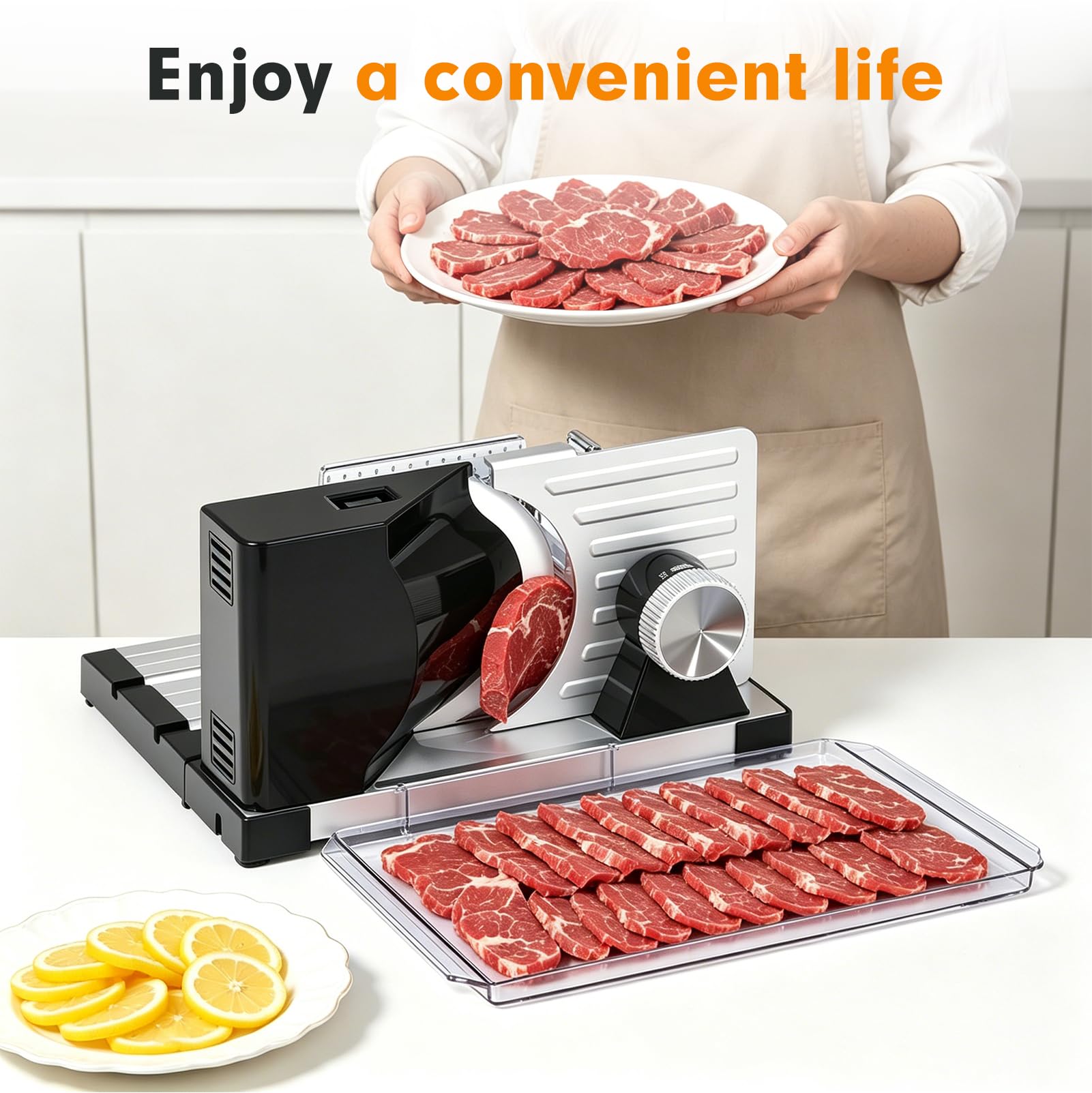 Cortadora de Fiambre Eléctrica Plegable, Cortafiambres con Grosor | Ajustable (0-18mm), Cortafiambres 160W para Carne y Pan, Silenciosa (<70dB)