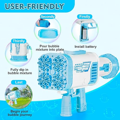 Miniatura 5 de Sofmonk Pistola de burbujas  La máquina de 64 agujeros tiene luces LED, la pistola de burbujas de mano grande tiene dos baterías recargablesseis