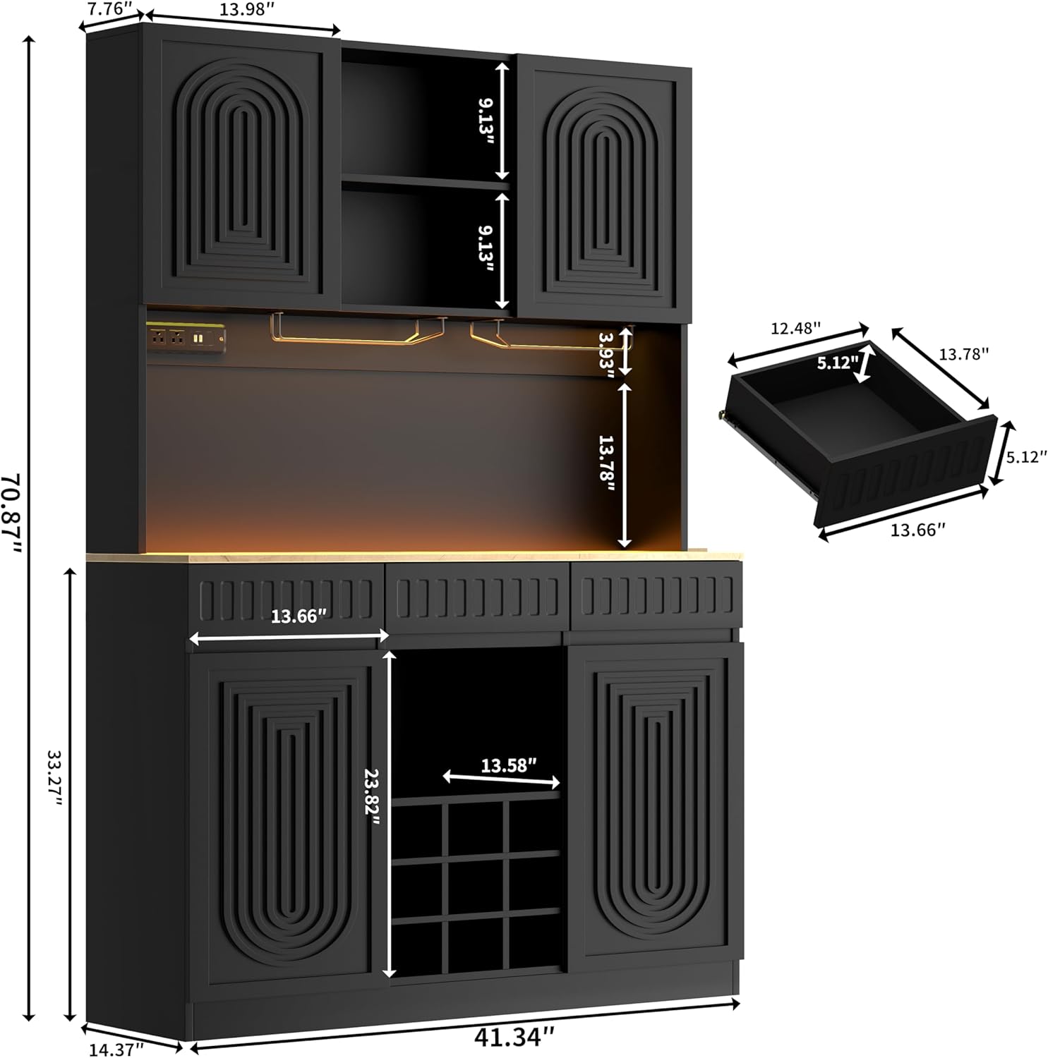 71-Inch Tall Wine Bar Cabinet with LED Lights, Modern Fluted Coffee Bar Cabinet with Charging Station & 9-Cube Wine Glass Rack, Pantry Hutch for Dining Room and Kitchen (Black)