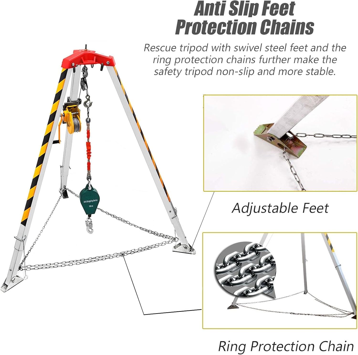 Fall Arrest Kits,Emergency Rescue Tripod for Fire Fighting Confined Space Rescue Tripod with Self Lock Device, Portable Retractable Hand Winch Aluminum Lifesaving Tripod, 30M Wire Rope Well