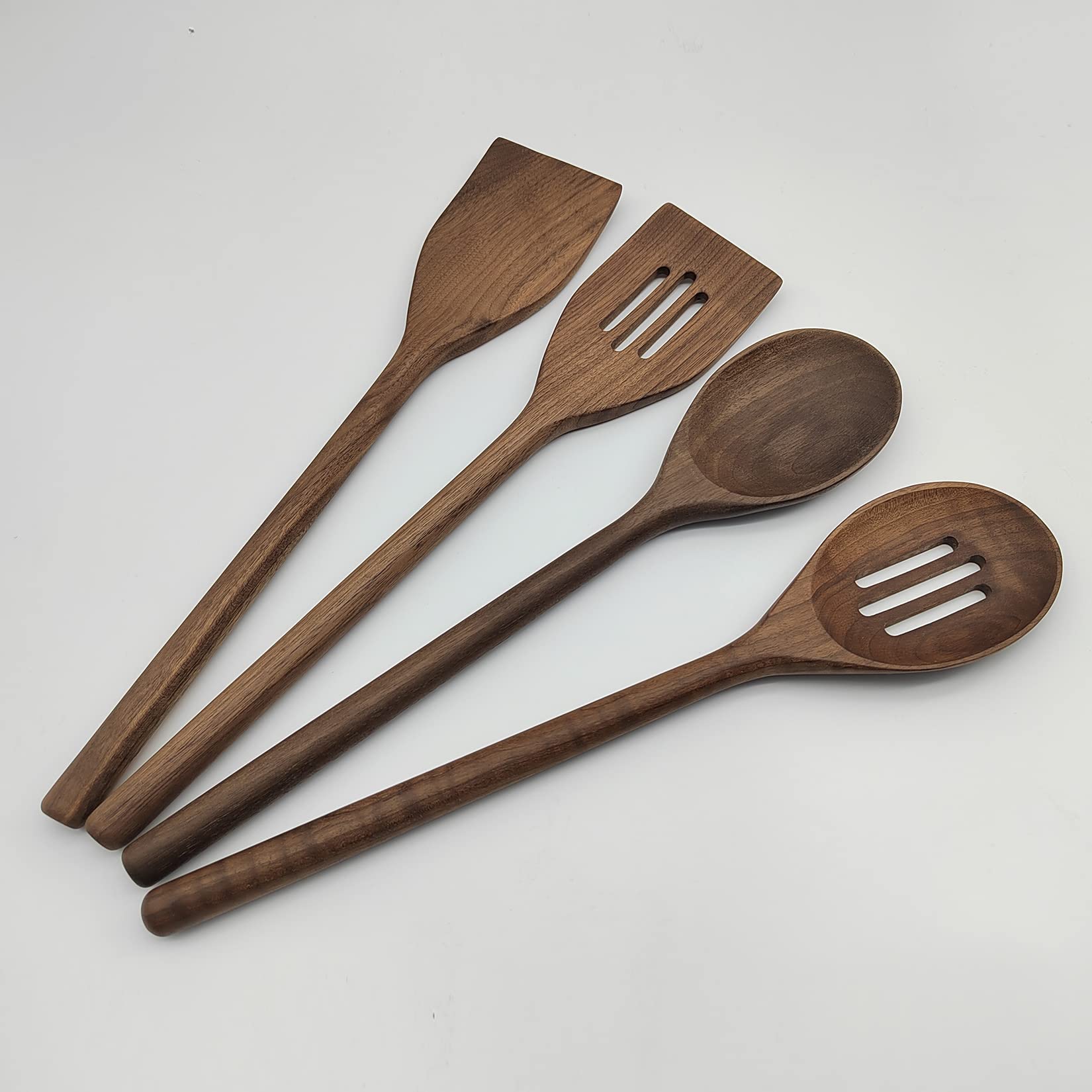 Botowi Black Wooden Spoons For Cooking 4 Pcs Wooden Utensils For Cooking 14" Natural Walnut Wood Spatulas Spoon For Cooking Nonstick Kitchen Utensil Set Slotted Spoon Slotted Spatula