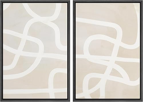 Ashbrook Lienzo enmarcado para pared, juego de arte geométrico de mediados de siglo, color beige y blanco con trazos de pintura, arte moderno