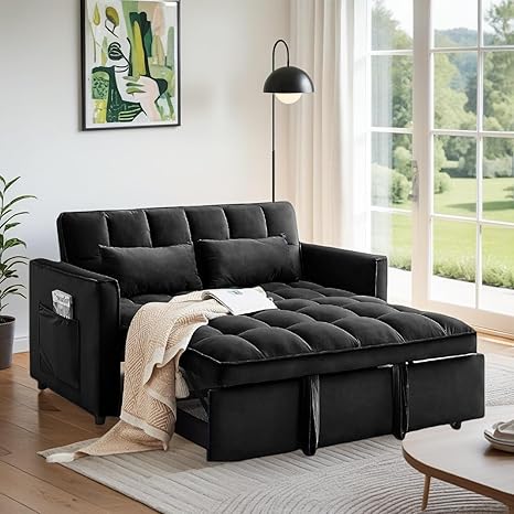 Convertible Sofa Bed, Pull Out Sofa Bed with Adjustable Backrest, 3 in 1 Velvet Fabric Loveseat Sleeper Sofa Bed Couch with Side Pockets for Living Room, Bedroom, Apartment, Black Convertible Sofa Bed, Pull Out Sofa Bed with Adjustable Backrest, 3 in 1 Velvet Fabric Loveseat Sleeper Sofa Bed Couch with Side Pockets for Living Room, Bedroom, Apartment, Black