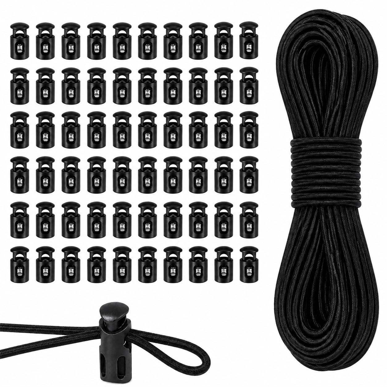 60 Pcs Toggles for Drawstrings with 20m Black Elastic Cord, 3mm Bungee Rope and Plastic Locks for Shoelaces, Clothing, Backpack, Camping Gear, Crafters and DIY Repair Projects (Black)