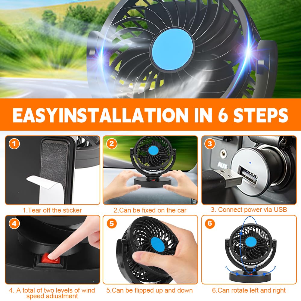 Ventilatore Auto 12v, 360° Ruotabile Ventilatore Per Auto con Presa Accendisigari, Ventola Per Auto con 2 Velocità,Novità 2026,Ventilatore Portatile Auto per Tutti i Veicoli Familiari, Furgoni