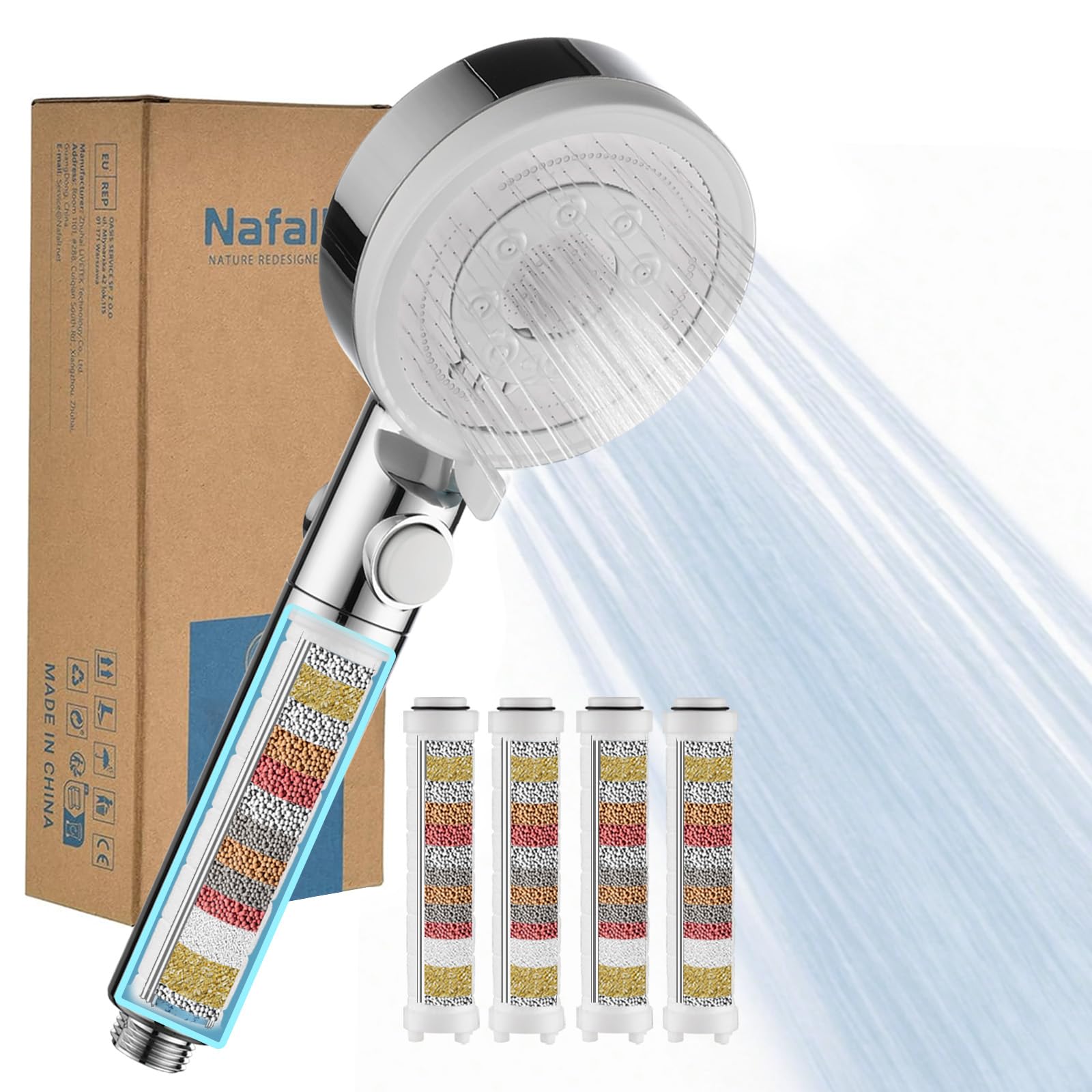 Nafall Shower Head with 4 pp Filter, High Pressure Filter Shower Head, Water Saving Showerhead with 5 Spray Modes, Filtered Showerhead for Hard Water and Bacteria, Chrome White