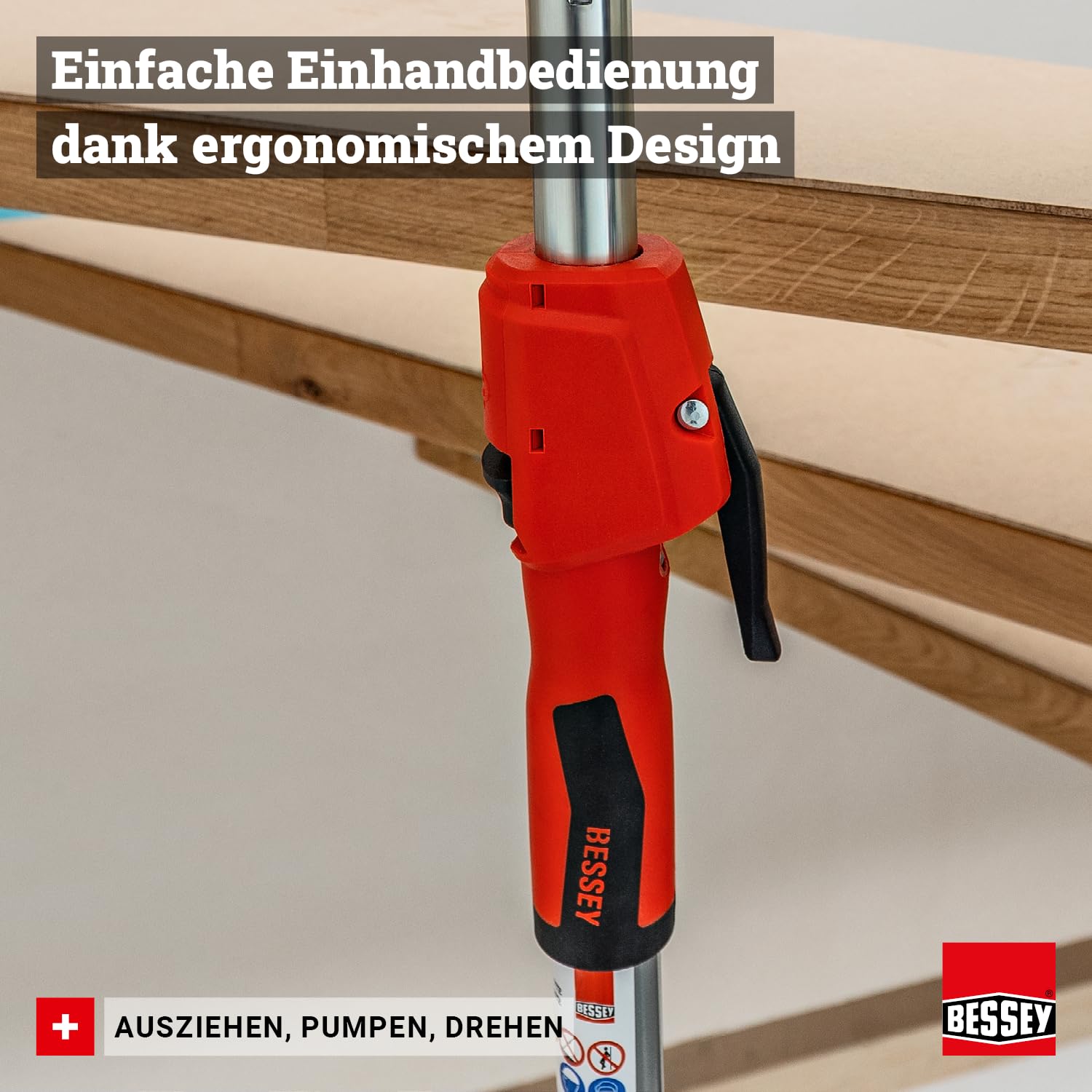 BESSEY Decken- und Montagestütze STE90 mit Pumpgriff, Verstellweg 575-910 mm, äußerst stabile Konstruktion durch hochbelastbare Stahlrohre, Einhandbedienung, Gewicht 1,80 kg