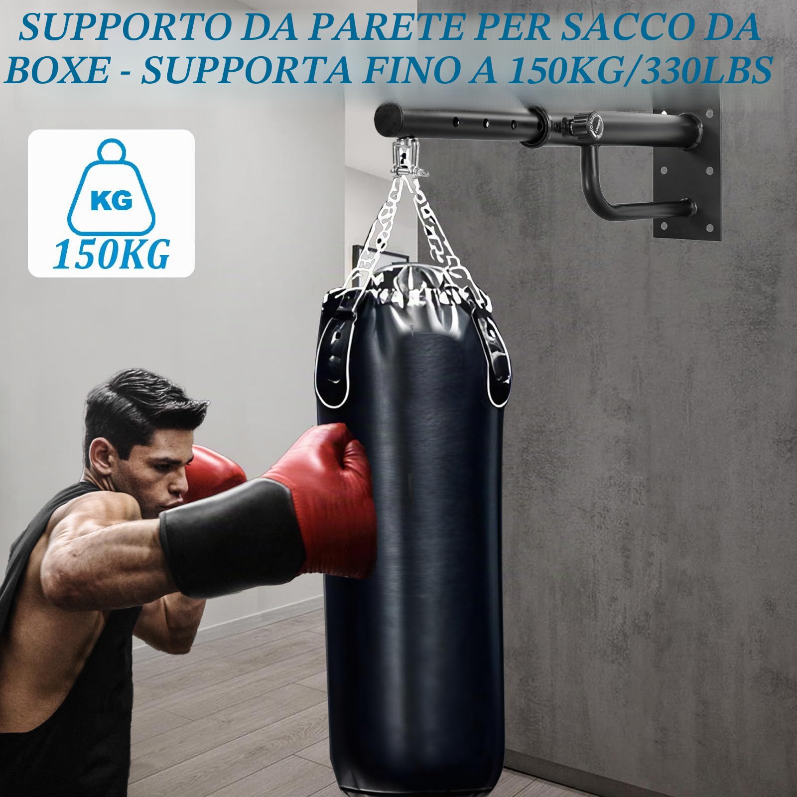 HAMON Supporto da parete per sacco da boxe, per carichi pesanti, girevole a 360°, supporto da parete per sacco da boxe, lunghezza regolabile, per casa e palestra, portata 150 kg