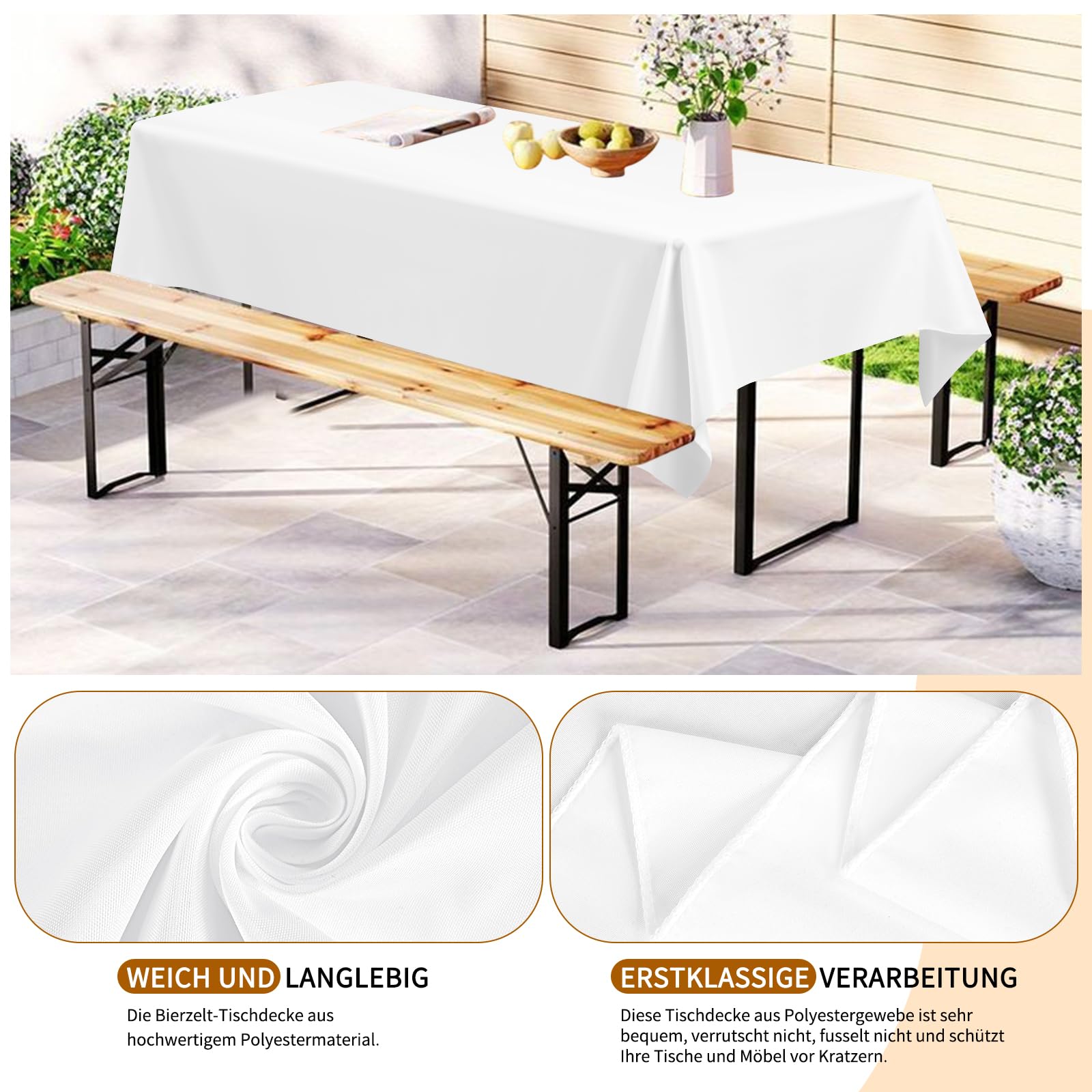 6er-Pack Biertisch Tischdecke, weiße Biertischdecke, 260 x 110 cm, Bierzeltdecke, strapazierfähige Polyester-Tischdecke, waschbare Tischdecke für Gartenparty, Geburtstagsfeier oder Grillparty (weiß)