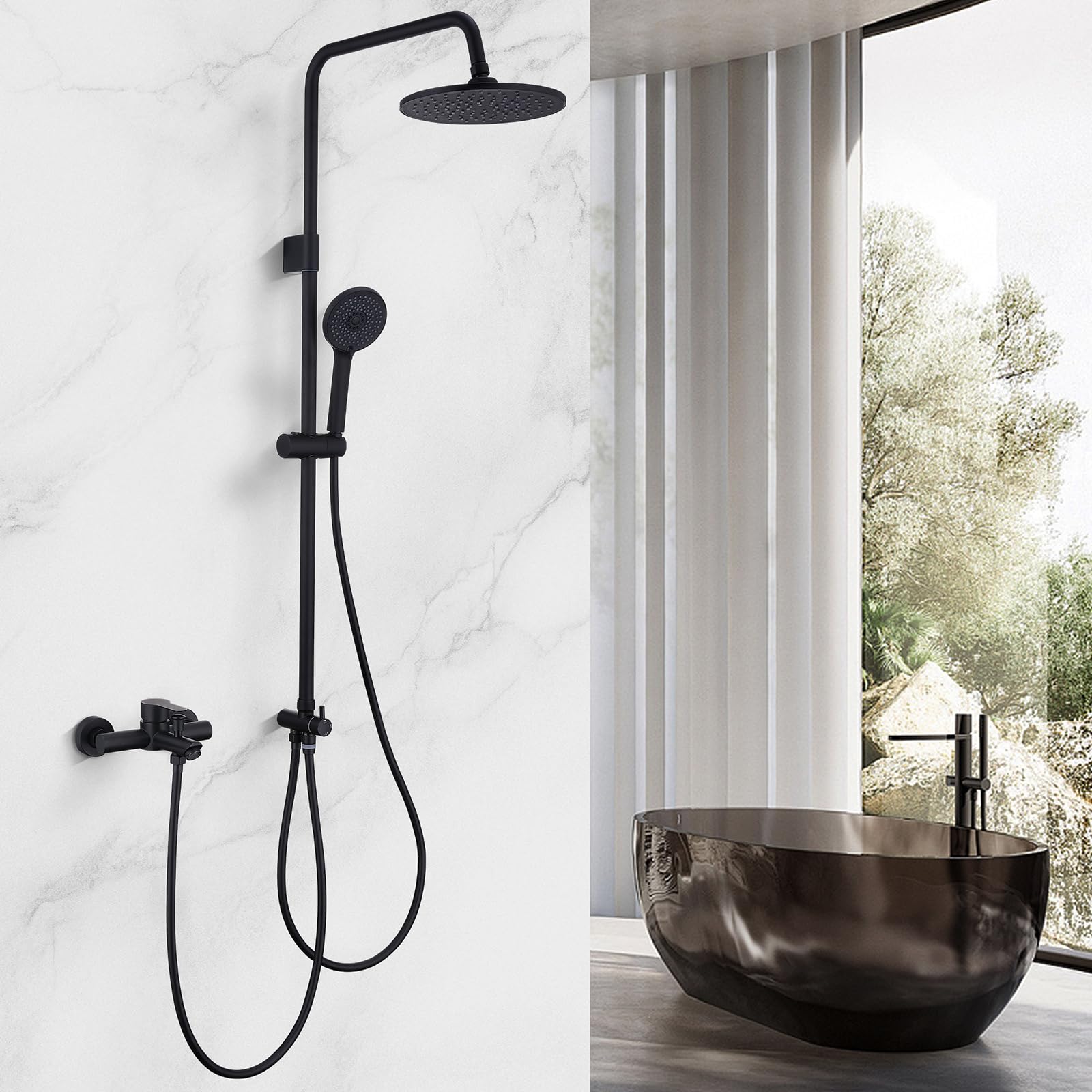HOMELODY Badewannenarmatur mit Duschsystem, Schwarz Handbrause mit 4 Funktionen, 360° drehbarer Auslauf, Badewannenarmaturen mit Duschbrause, Mischbatterie zur Wandmontage