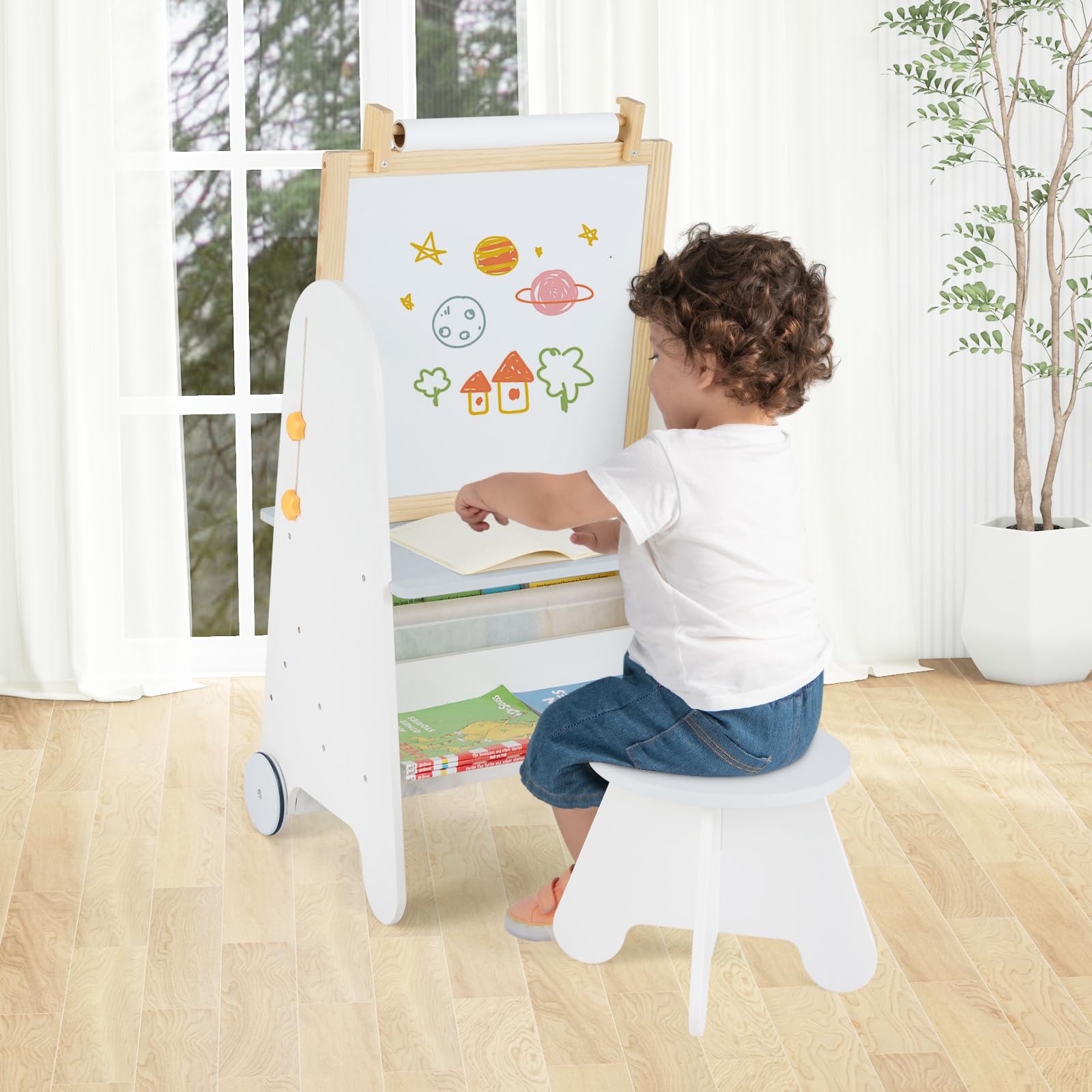 GOPLUS Table Enfant avec Chaise, 4 en 1 Tableau Enfant Double Face Amovible et Hauteur Réglable, avec Plateau Magnétique, Rouleau de Papier, Bibliothèque, Table à Dessin pour 3+ Ans