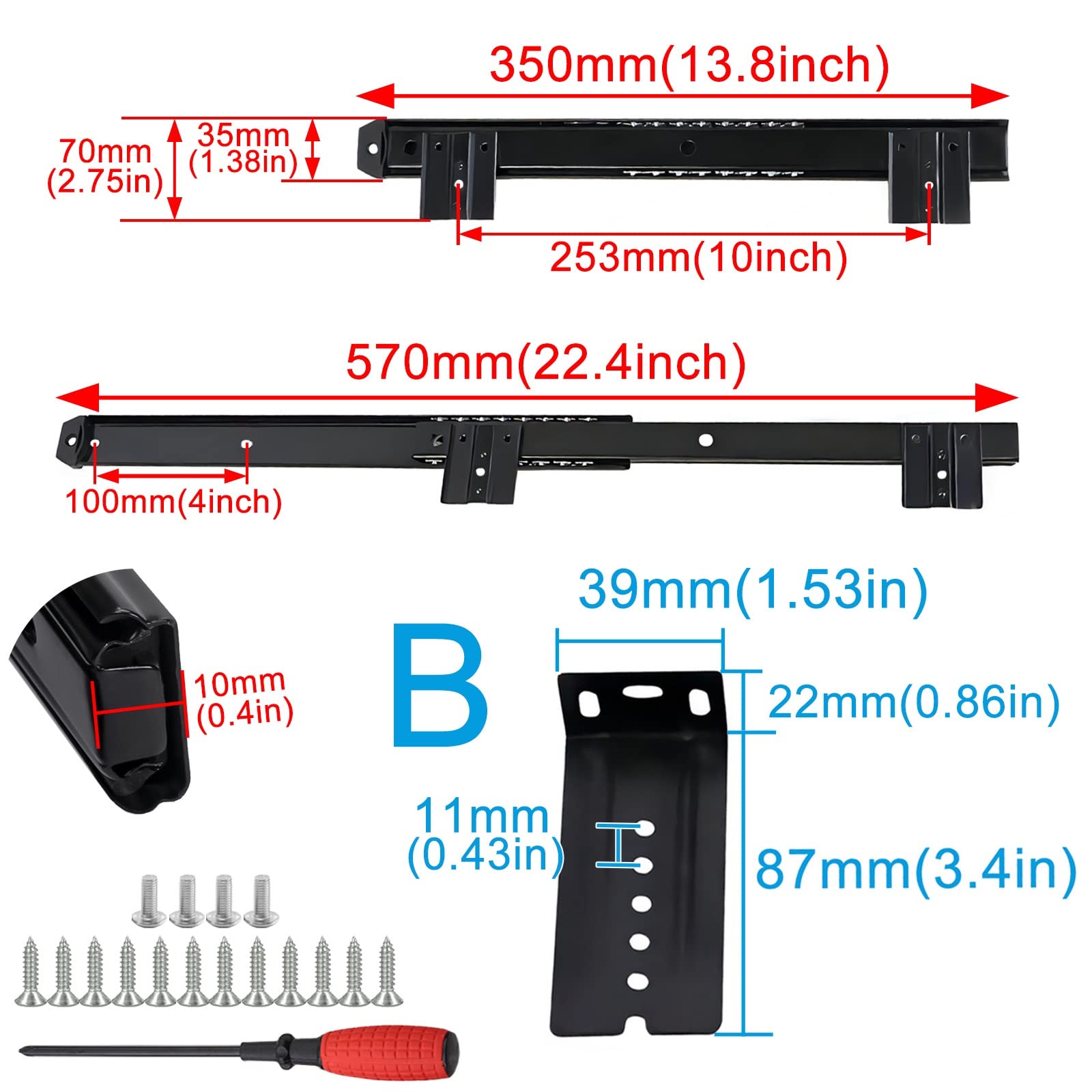 whalebee Ball Bearing Sdrawer Slides Hanging Type 2Pcs 14 Inch Guides for Under Desk Keyboard Tray, Adjustable Height Kitchen Furniture Hardware DIY Drawer Runners