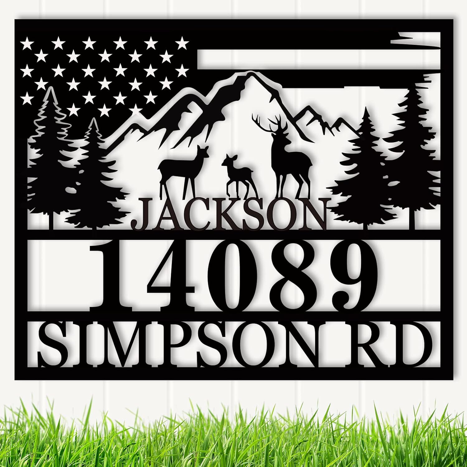 Personalized Deer Address Sign with American Flag, Metal House Numbers Sign, Custom Address Plaque, Address Yard Sign Deer Cabin Decor, Hunter Present
