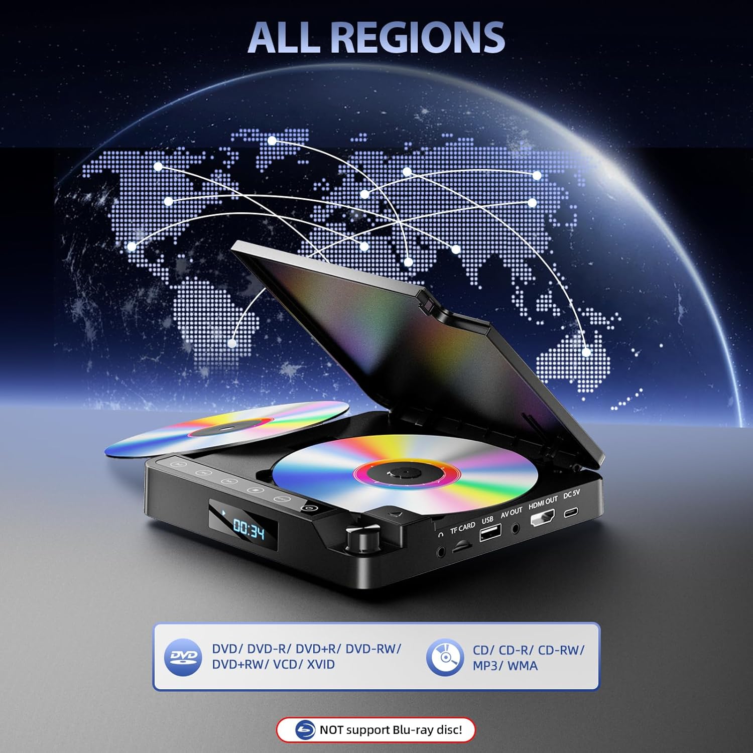 Desobry Mini DVD Player for TV, All Region Free DVD Player HDMI, Small Compact Flip-Top Design, with USB/TF Card Input, Supports PAL/NTSC