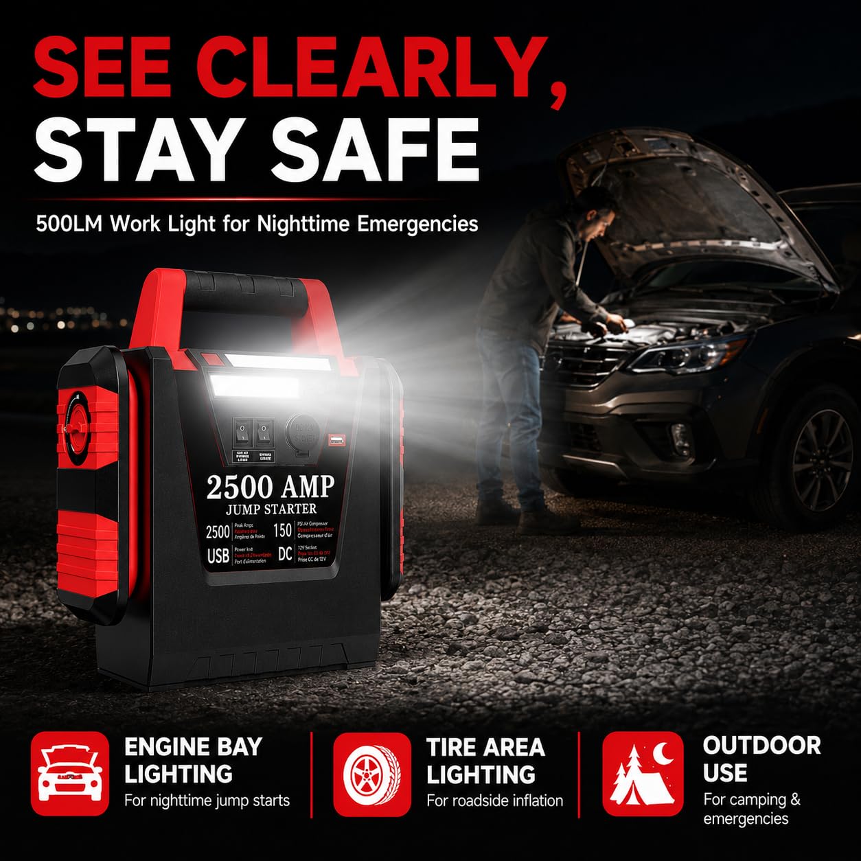 Arrancador de Coches Portátil 2500A con Compresor de Aire 150 PSI, Arrancador de Baterías 12V (Motores Gasolina/Diésel hasta 8.0L), Booster Batería, Jump Starter 20000mAh, Luz LED 500LM