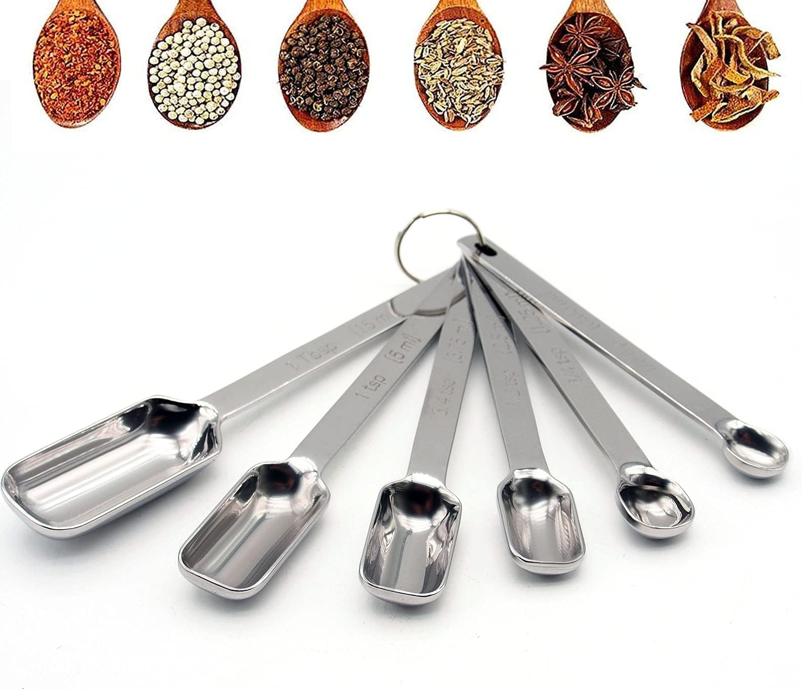 Heavy duty stainless steel metal measuring spoon for dry or liquid, suitable for seasoning pot, perfect for baking and cooking-professional quality, engraved in US and metric sizes (6 pieces)