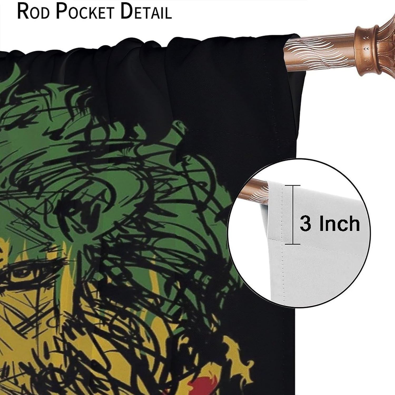 Rasta Lion Curtains, Ethiopian Flag Colors on Sketchy Lion Head with Black Backdrop for Girls Boys Living Room Bedroom Decor Drapes 2 Panels 52x84in