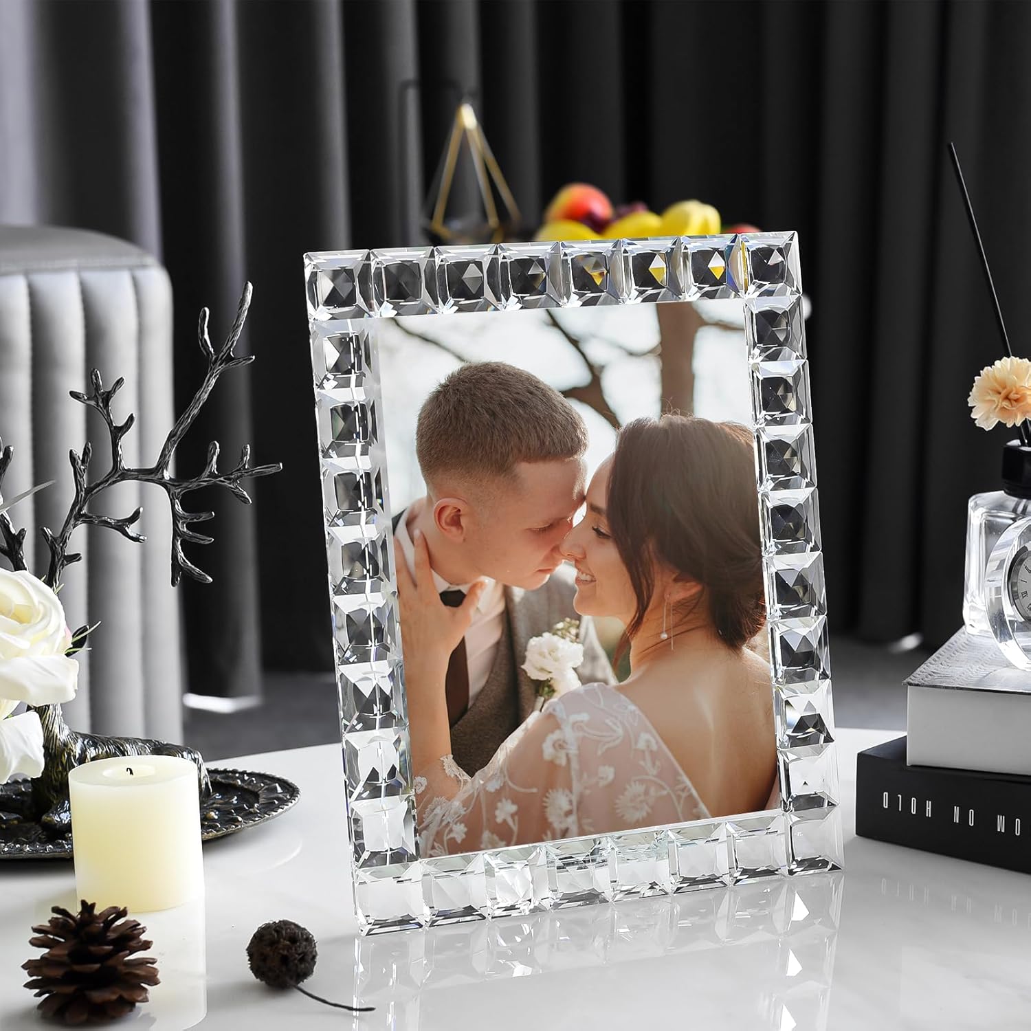Luxury Crystal Picture Photo Frame,Grid Diamond Craft,Crystal Wedding Frame of Keepsake Photo Frames, Tabletop Display Decor Frame, Clear with Gift Box (8" x 10")