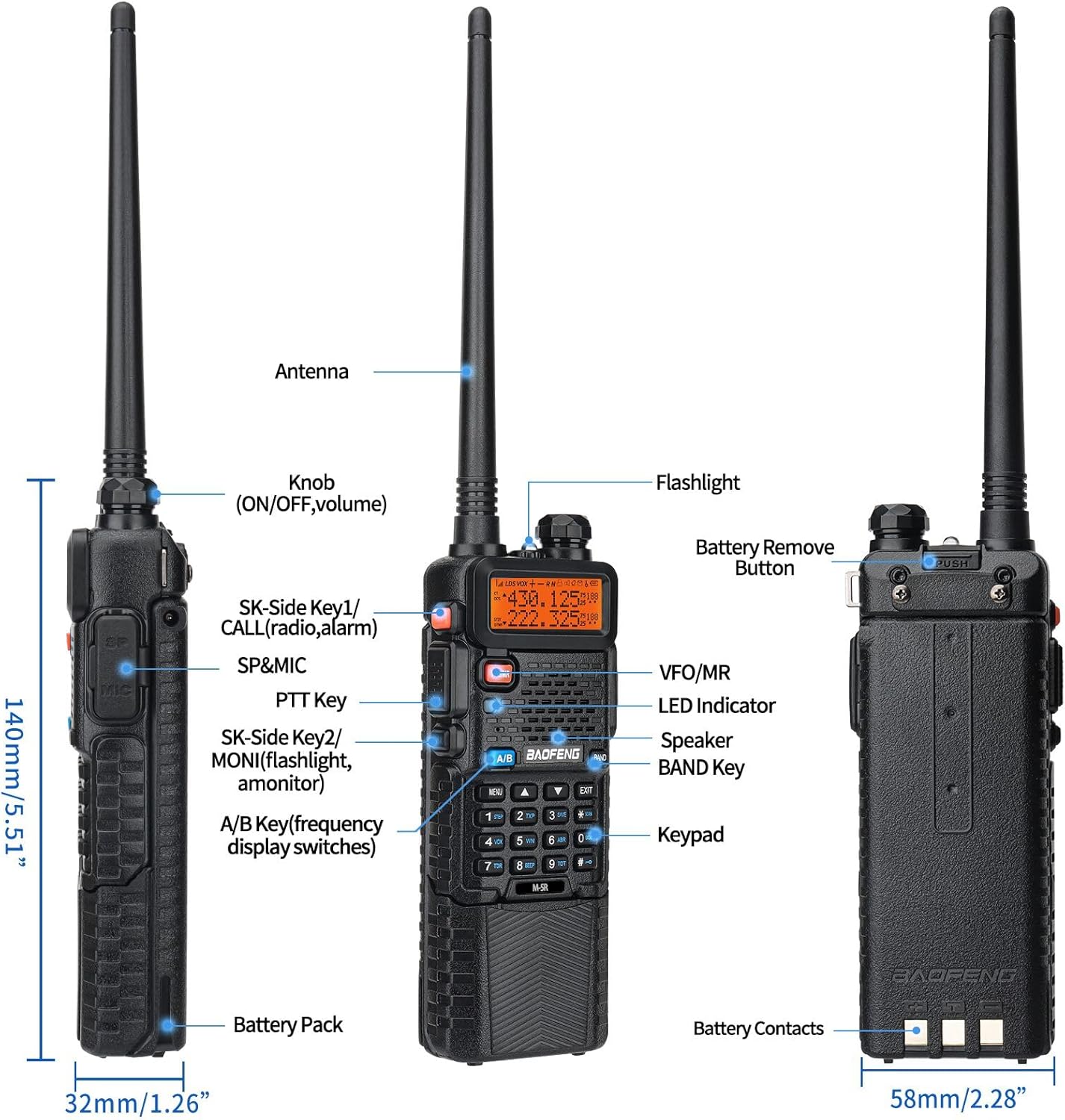 Diagram of BAOFENG M-5R radio with labeled parts: Antenna, Knob (ON/OFF, volume), SK-Side Key1/CALL (radio, alarm), SP&MIC, PTT Key, SK-Side Key2/MONI (flashlight, monitor), A/B Key (frequency display switches), Keypad, VFO/MR, LED Indicator, Speaker, BAND Key, Battery Remove Button, Battery Pack, Battery Contacts.