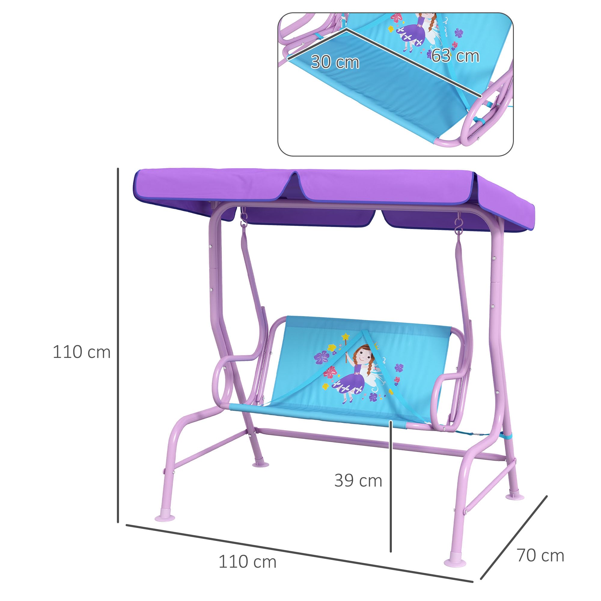Outsunny Balançoire 2 places pour enfants avec auvent réglable, banc de jardin double sur le thème des fées avec ceintures de sécurité pour patio, parc, porche, pour enfants de 3 à 6 ans, couleur