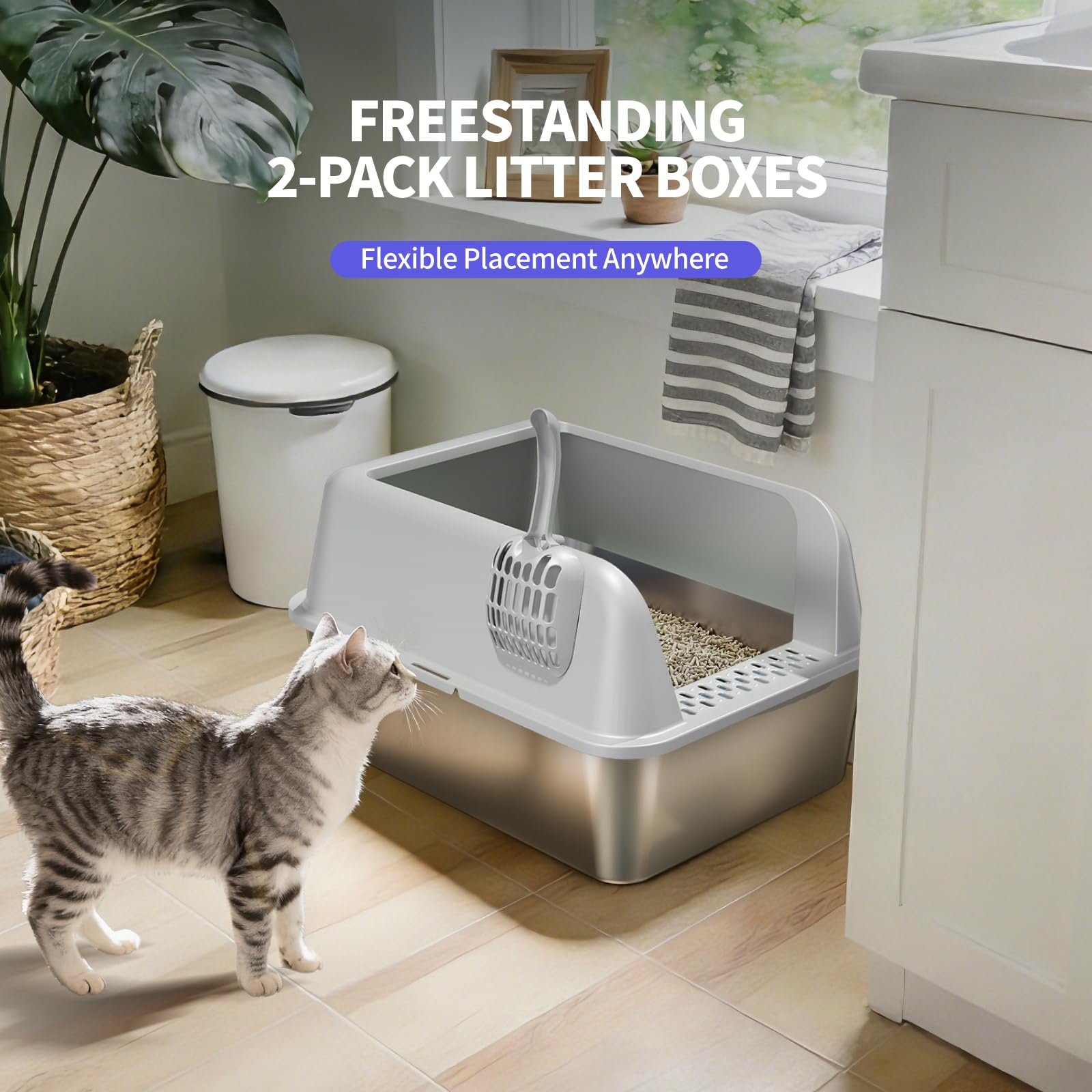 Stainless Steel Cat Litter Box for Kittens, 2 Pack Metal Kitty Litter Box with Scoop, Easy to Clean, No Stains, Anti-Leakage -Small (17.2" L x13.2 W x10.3 H) - image 6