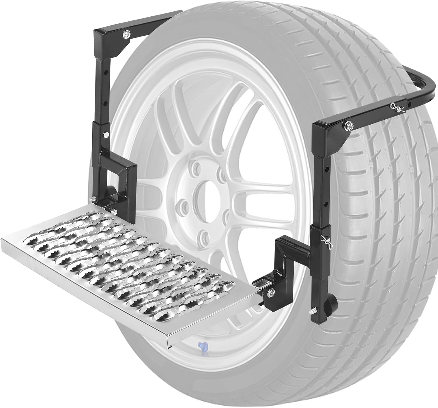 Folding Tire Step for Truck, SUV and RV Adjustable Tire Mounted Step Fit Most Tire from 11.1” to 14.4”, Rated up to 300 Lbs,Shark Jaw Non-Slip Steel Platform, Black