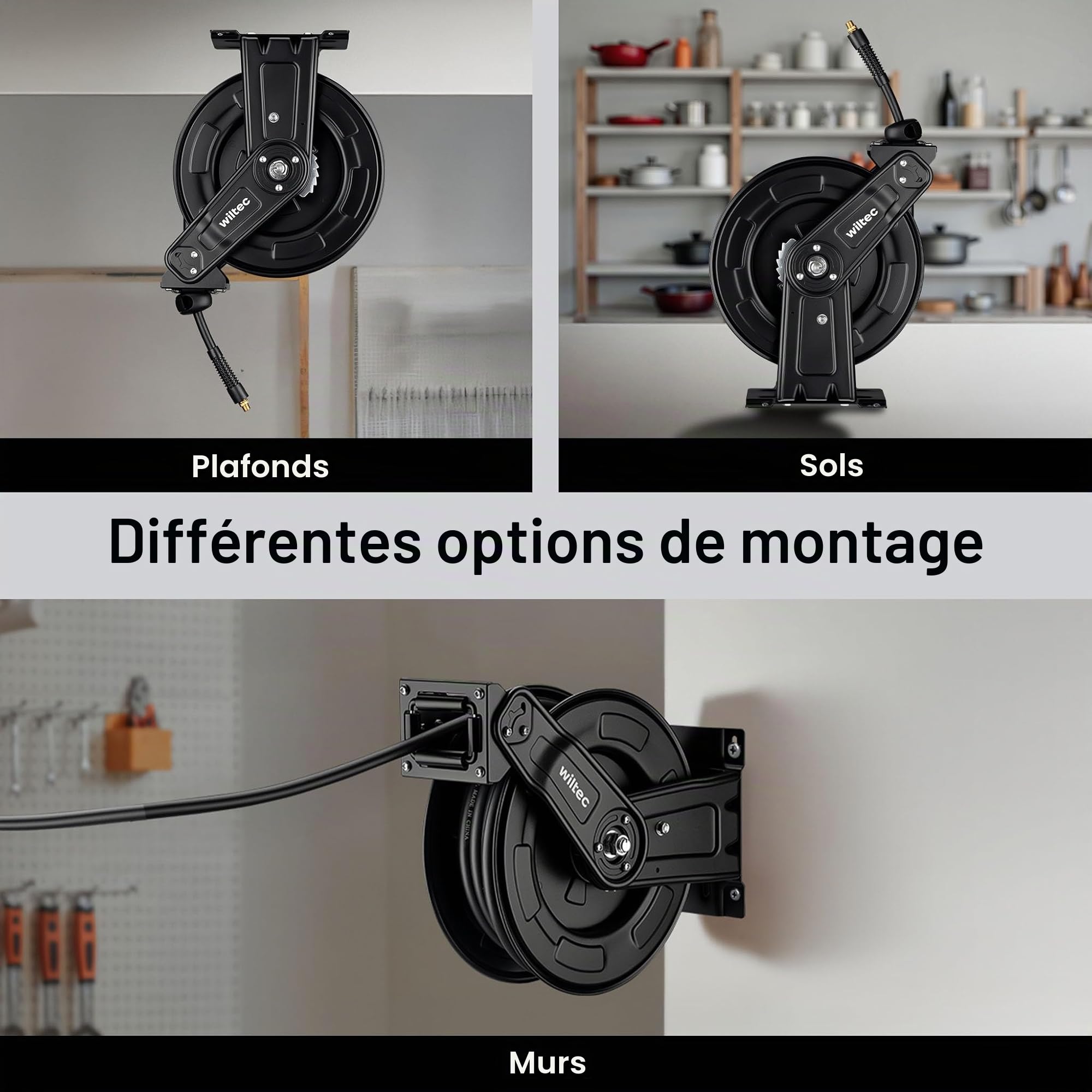 Wiltec Dévidoir automatique avec tuyau hybride 20 m + 2 m – Montage mural – En PVC, caoutchouc, acier – Enrouleur de tuyau pneumatique 20 bar – Pivotable à 180° – Connexion 1/4"