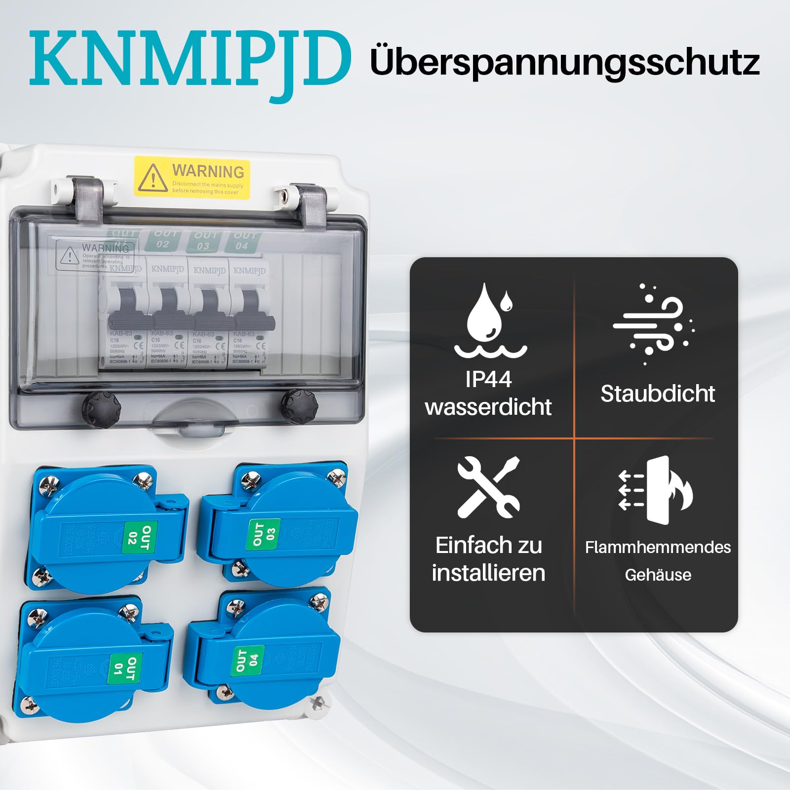 KNMlPJD Stromverteiler mit 16 A 1 Polig Leitungsschutzschalter Baustromverteiler mit 16 A Steckdose Starkstrom verteiler Wandverteiler starkstrom steckdose für den Innen- und Außenbereich(4×16A 1P LS)