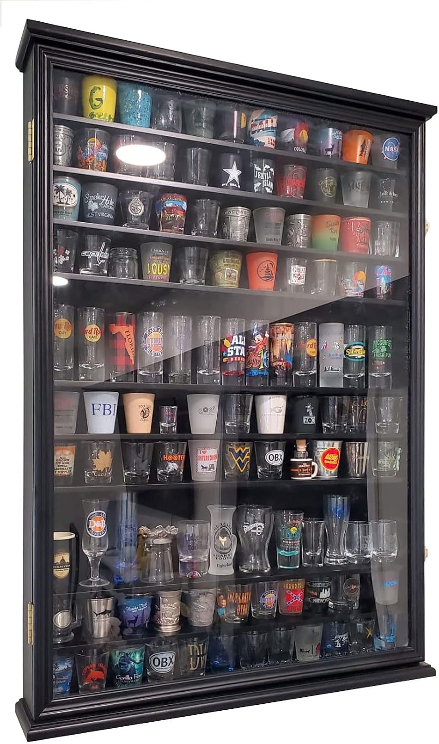 Large 144 Shot Glass Display Case Rack Solid Wood Cabinet Holder Wall Curio Cabinet Shadow Box for Action Figures Small Figurines - Lockable with UV Protection Acrylic Glass Door - Black Finish